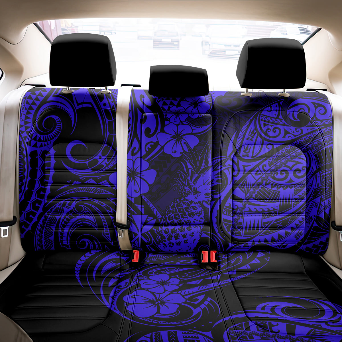 Hawaii Pineapple Back Car Seat Cover Paradise Flowers Pacific With Navy Blue Polynesian Tribal