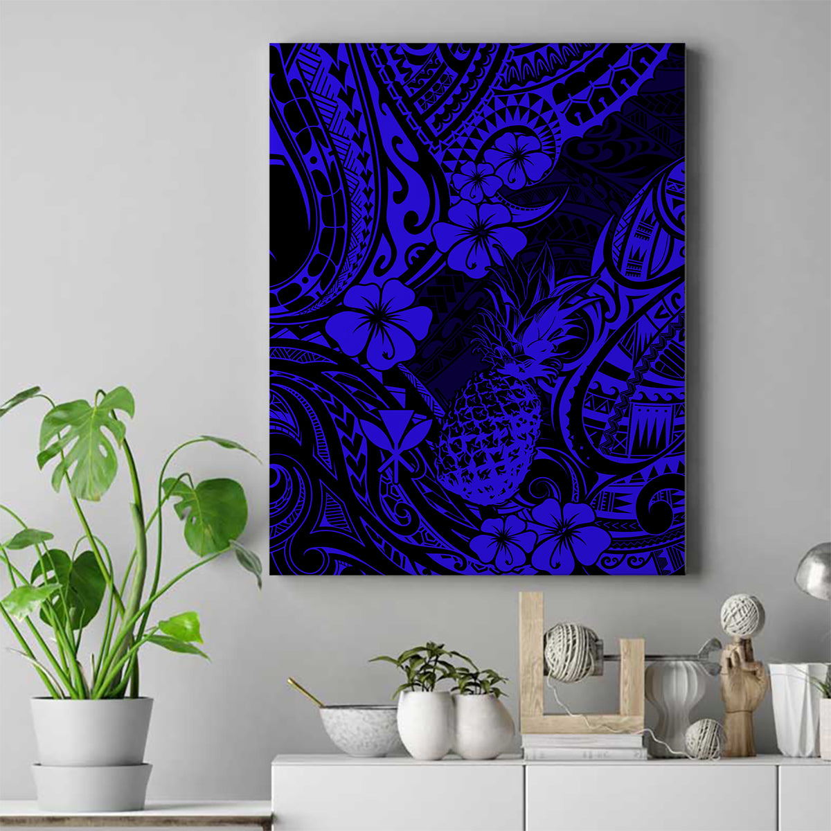 Hawaii Pineapple Canvas Wall Art Paradise Flowers Pacific With Navy Blue Polynesian Tribal LT01 Blue - Polynesian Pride