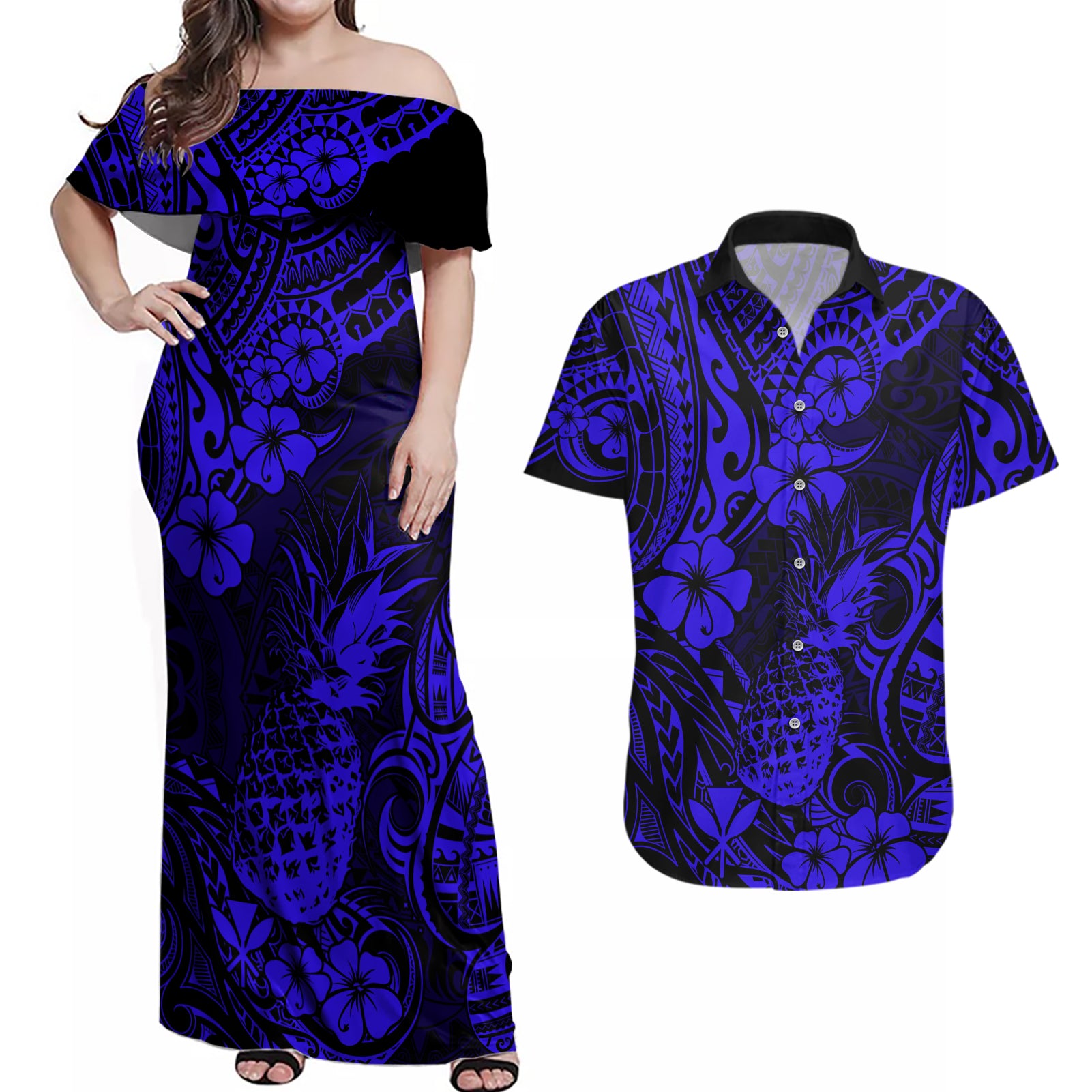 Hawaii Pineapple Couples Matching Off Shoulder Maxi Dress and Hawaiian Shirt Paradise Flowers Pacific With Navy Blue Polynesian Tribal LT01 Blue - Polynesian Pride