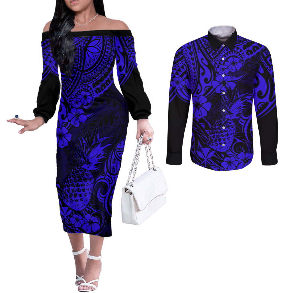 Hawaii Pineapple Couples Matching Off The Shoulder Long Sleeve Dress and Long Sleeve Button Shirts Paradise Flowers Pacific With Navy Blue Polynesian Tribal LT01 Blue - Polynesian Pride