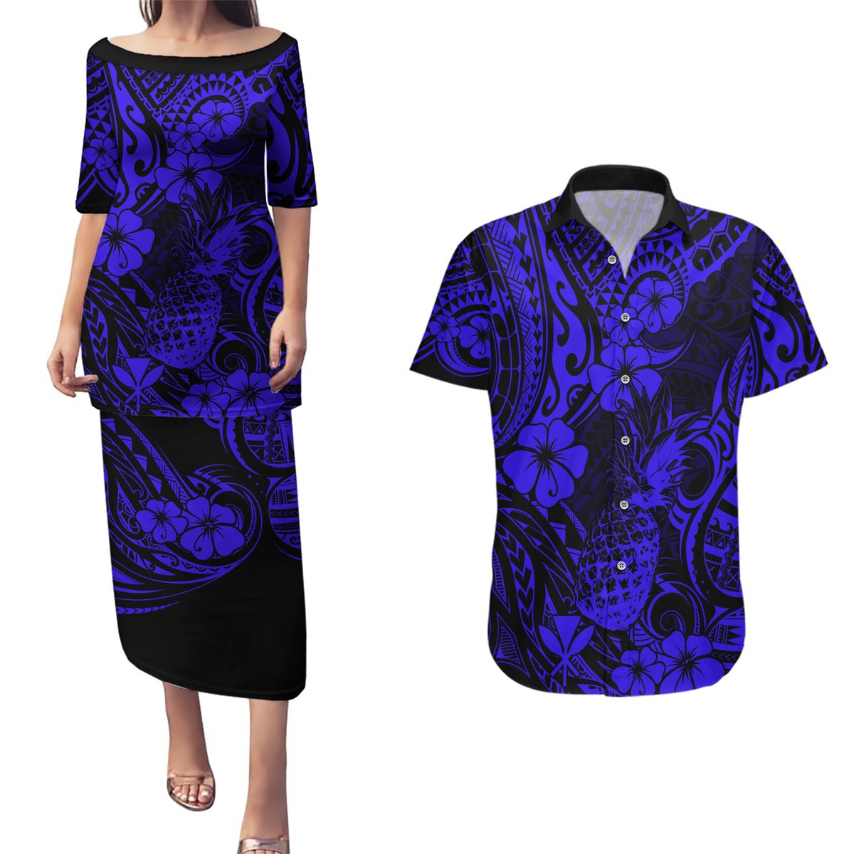 Hawaii Pineapple Couples Matching Puletasi Dress and Hawaiian Shirt Paradise Flowers Pacific With Navy Blue Polynesian Tribal LT01 Blue - Polynesian Pride