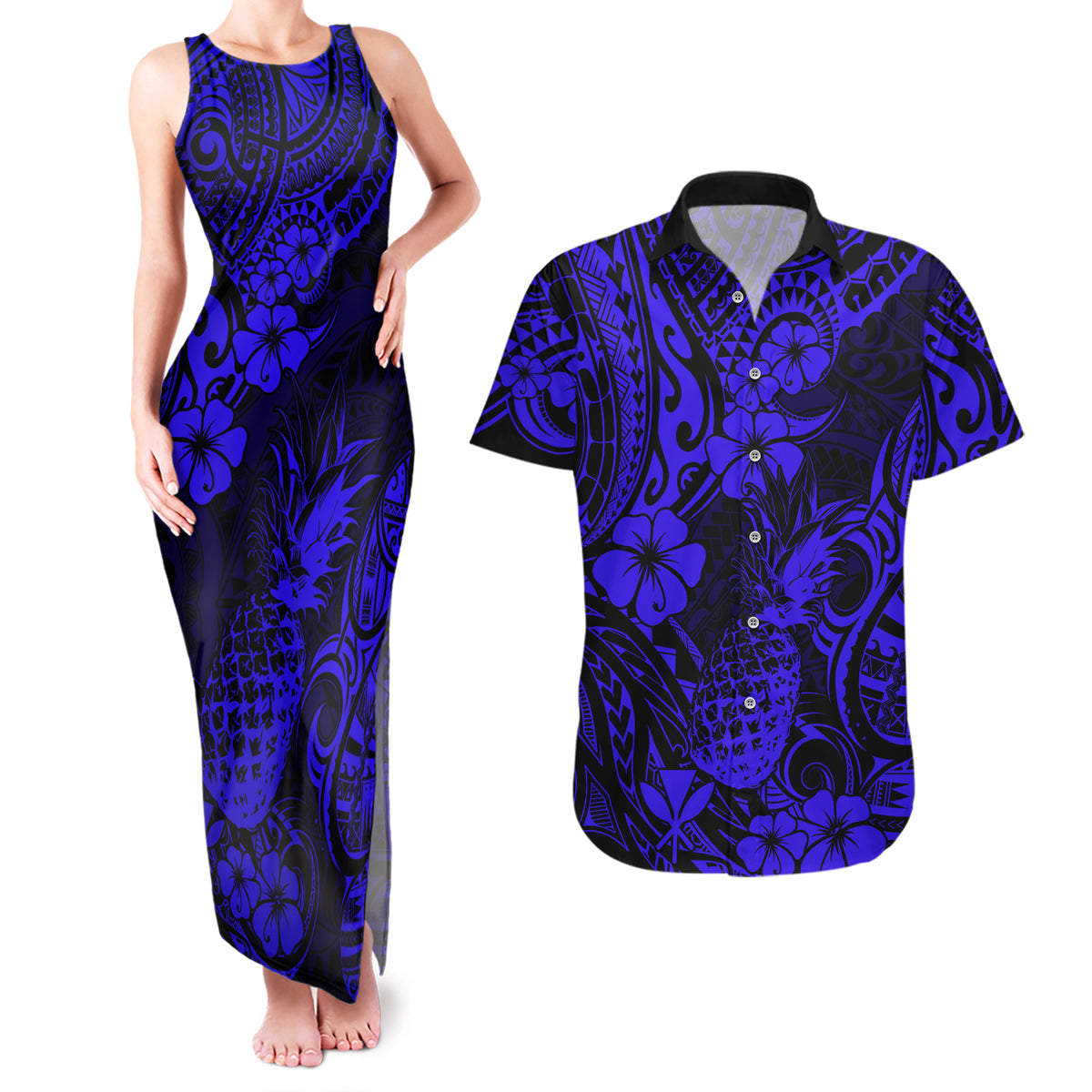 Hawaii Pineapple Couples Matching Tank Maxi Dress and Hawaiian Shirt Paradise Flowers Pacific With Navy Blue Polynesian Tribal LT01 Blue - Polynesian Pride
