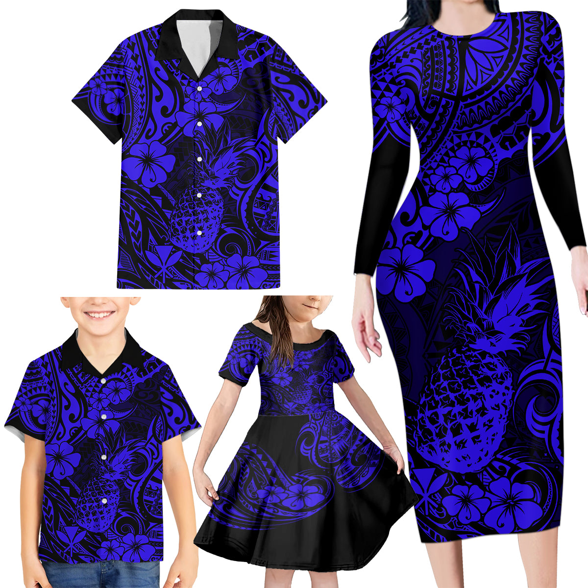 Hawaii Pineapple Family Matching Long Sleeve Bodycon Dress and Hawaiian Shirt Paradise Flowers Pacific With Navy Blue Polynesian Tribal LT01 - Polynesian Pride