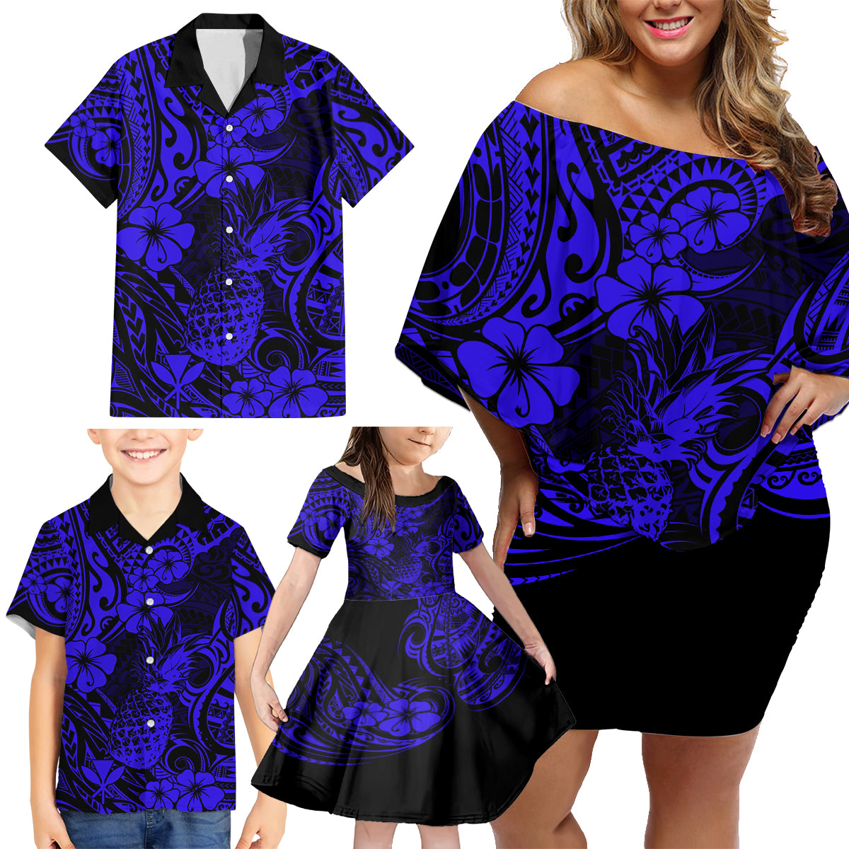 Hawaii Pineapple Family Matching Off Shoulder Short Dress and Hawaiian Shirt Paradise Flowers Pacific With Navy Blue Polynesian Tribal LT01 - Polynesian Pride