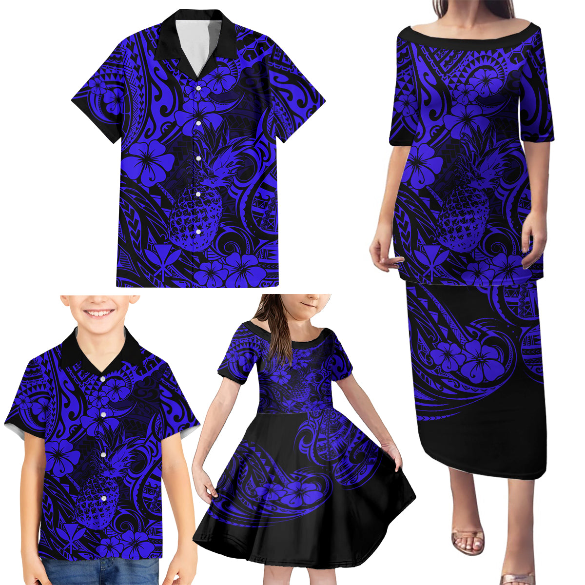 Hawaii Pineapple Family Matching Puletasi Dress and Hawaiian Shirt Paradise Flowers Pacific With Navy Blue Polynesian Tribal LT01 - Polynesian Pride