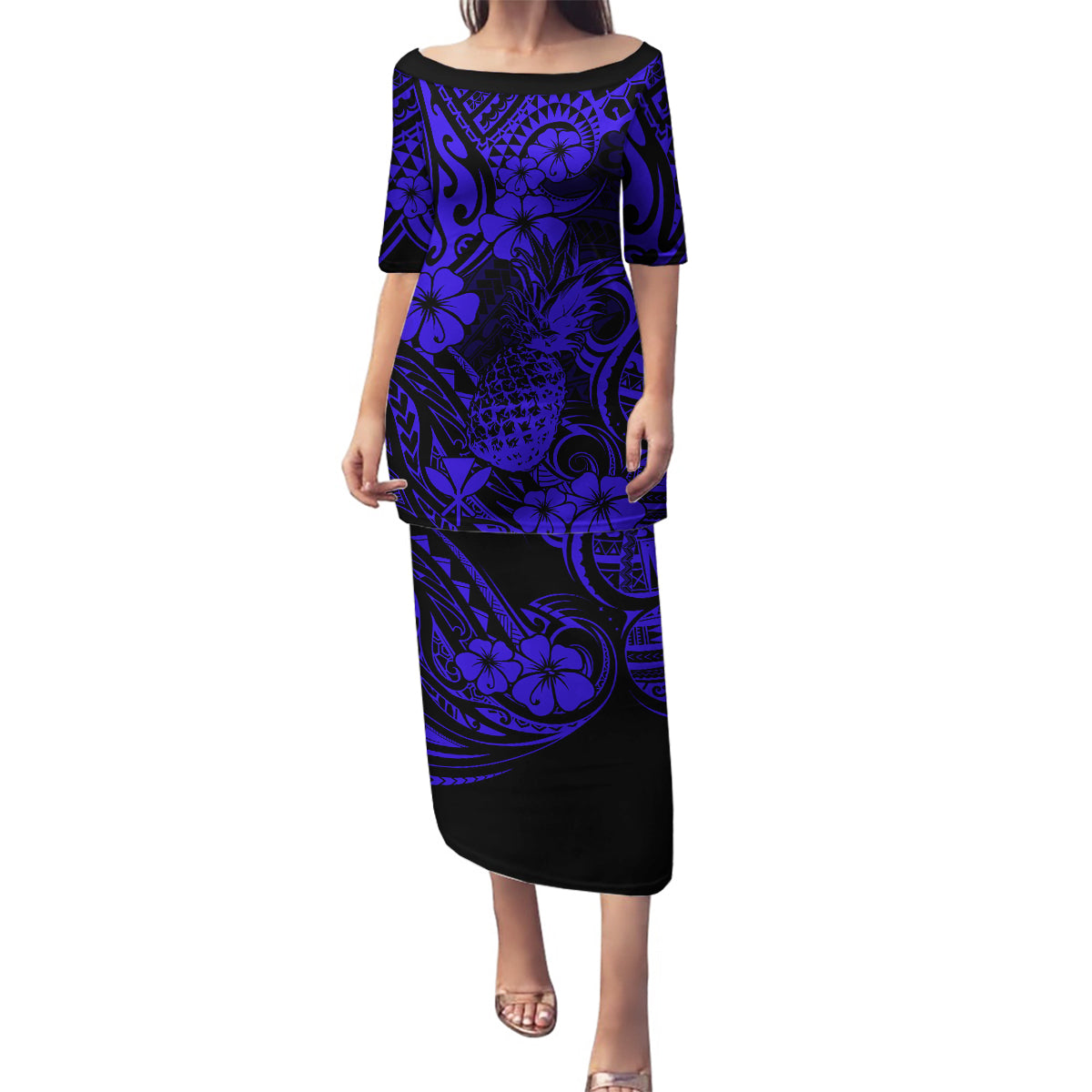 Hawaii Pineapple Family Matching Puletasi Dress and Hawaiian Shirt Paradise Flowers Pacific With Navy Blue Polynesian Tribal LT01 Mom's Dress Blue - Polynesian Pride