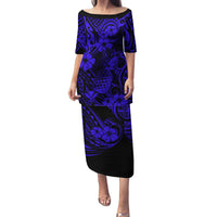 Hawaii Pineapple Family Matching Puletasi Dress and Hawaiian Shirt Paradise Flowers Pacific With Navy Blue Polynesian Tribal LT01 Mom's Dress Blue - Polynesian Pride