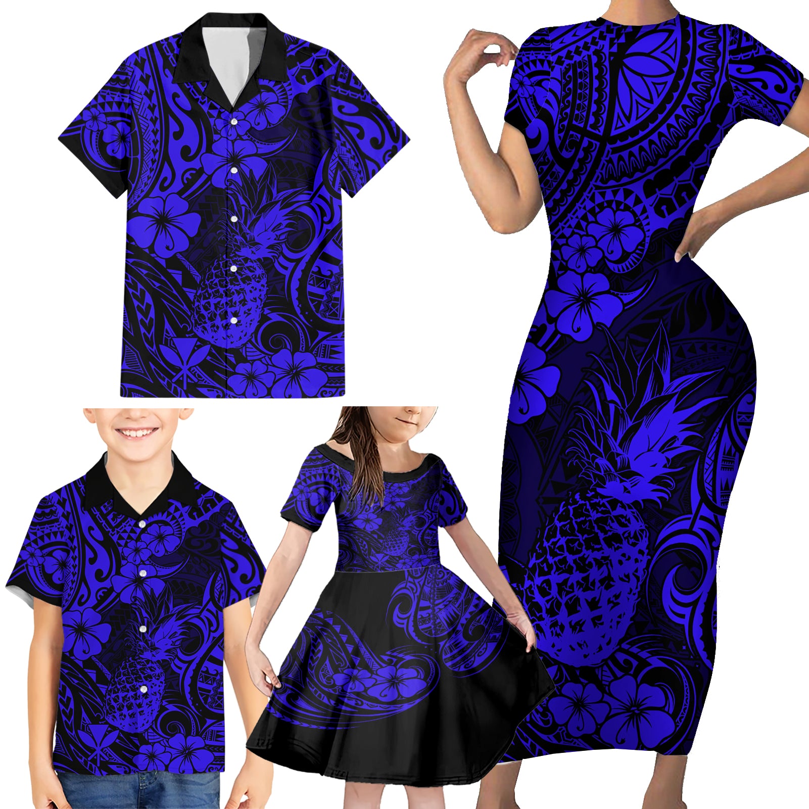 Hawaii Pineapple Family Matching Short Sleeve Bodycon Dress and Hawaiian Shirt Paradise Flowers Pacific With Navy Blue Polynesian Tribal LT01 - Polynesian Pride