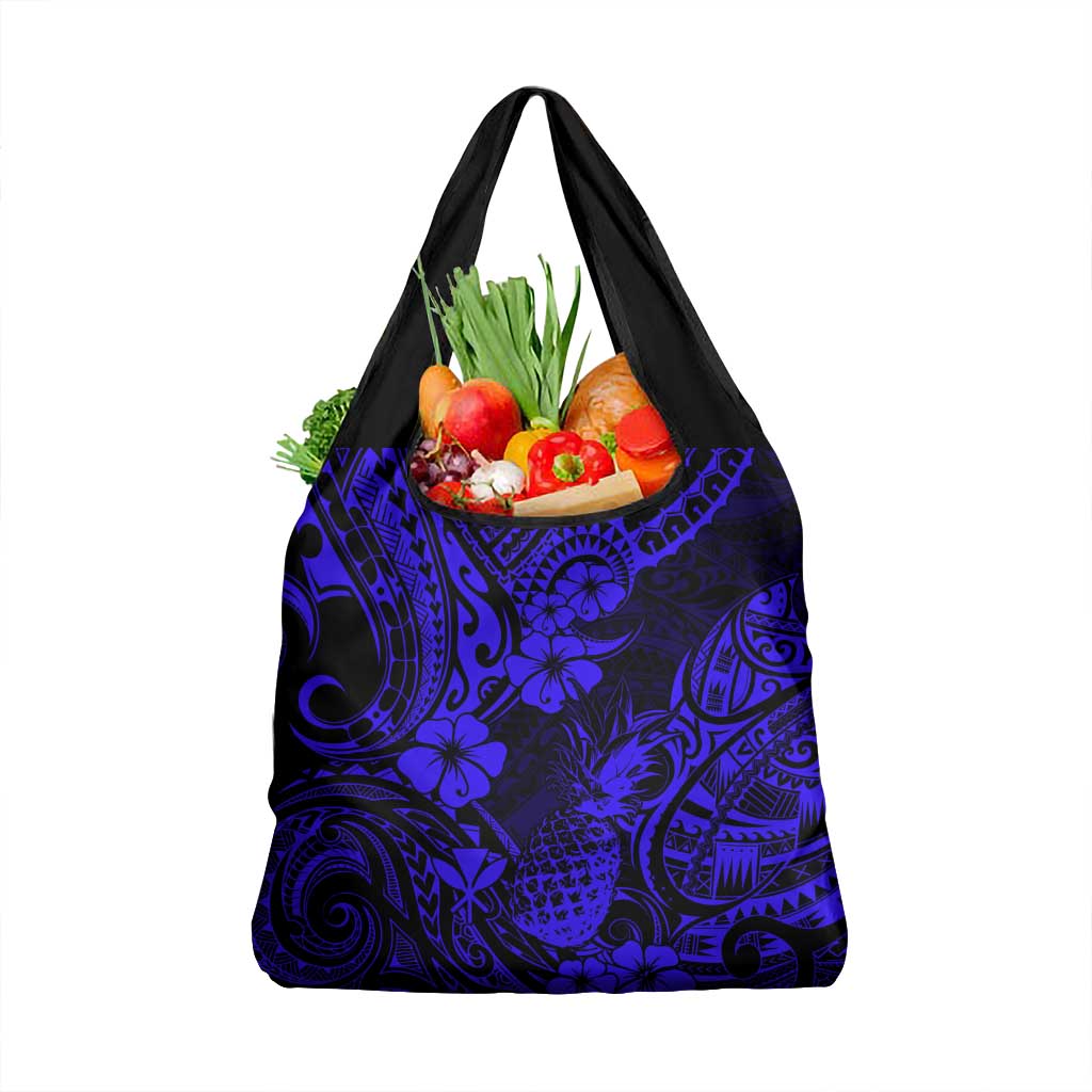 Hawaii Pineapple Grocery Bag Paradise Flowers Pacific With Navy Blue Polynesian Tribal LT01 1-pack One Size Blue - Polynesian Pride
