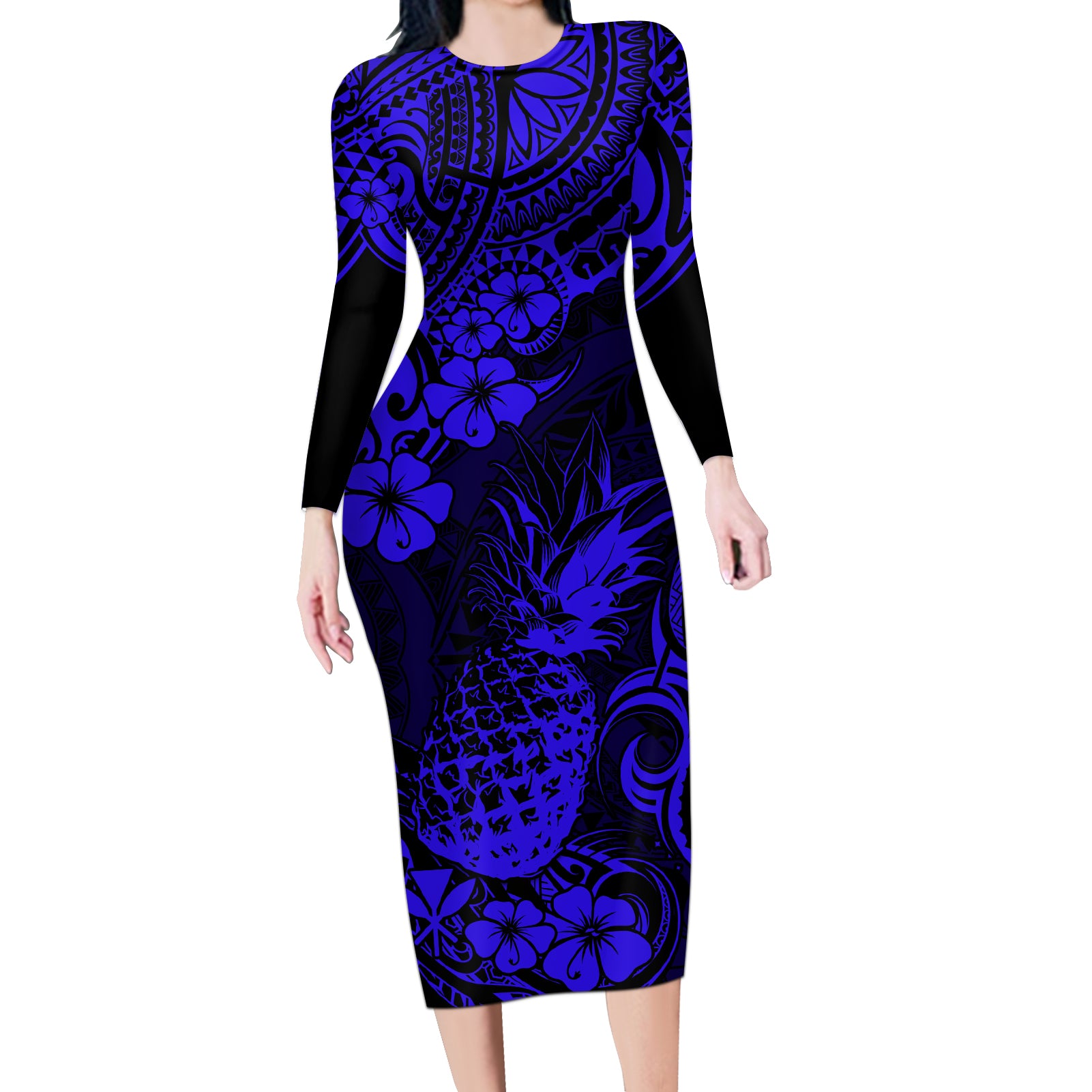 Hawaii Pineapple Long Sleeve Bodycon Dress Paradise Flowers Pacific With Navy Blue Polynesian Tribal LT01 Long Dress Blue - Polynesian Pride