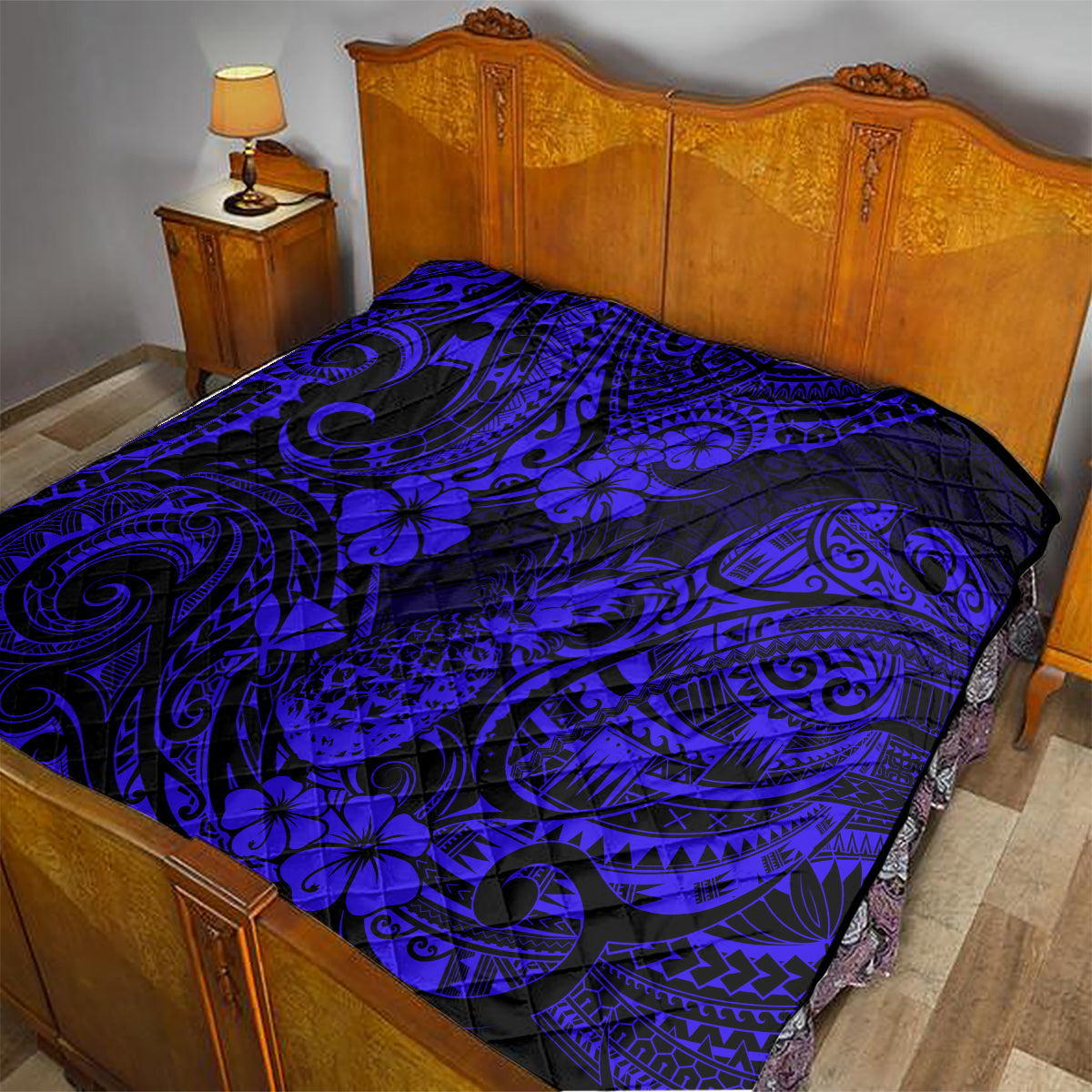 Hawaii Pineapple Quilt Paradise Flowers Pacific With Navy Blue Polynesian Tribal LT01 - Polynesian Pride