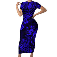 Hawaii Pineapple Short Sleeve Bodycon Dress Paradise Flowers Pacific With Navy Blue Polynesian Tribal LT01 Long Dress Blue - Polynesian Pride