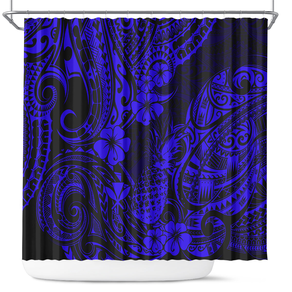 Hawaii Pineapple Shower Curtain Paradise Flowers Pacific With Navy Blue Polynesian Tribal LT01 Blue - Polynesian Pride