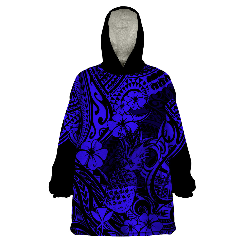 Hawaii Pineapple Wearable Blanket Hoodie Paradise Flowers Pacific With Navy Blue Polynesian Tribal LT01 One Size Blue - Polynesian Pride