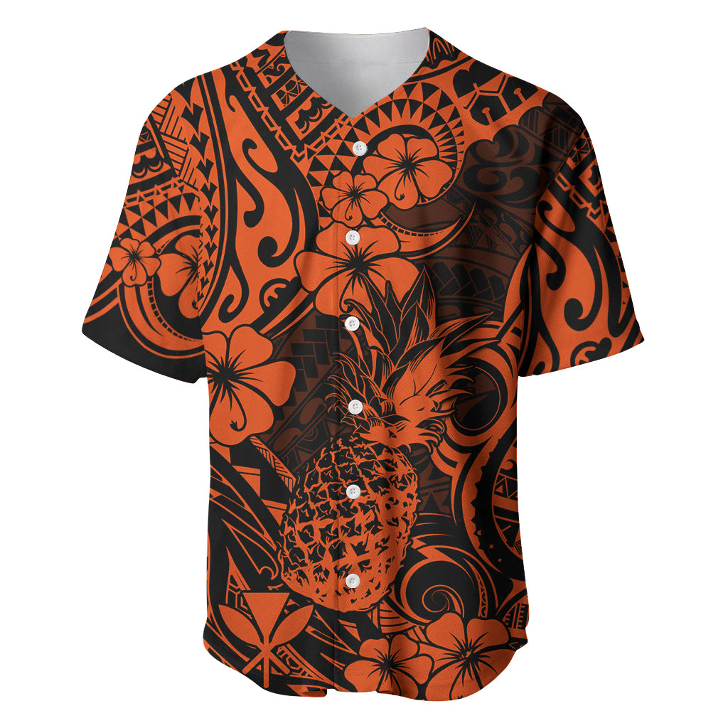 Hawaii Pineapple Baseball Jersey Paradise Flowers Pacific With Orange Polynesian Tribal LT01 Orange - Polynesian Pride