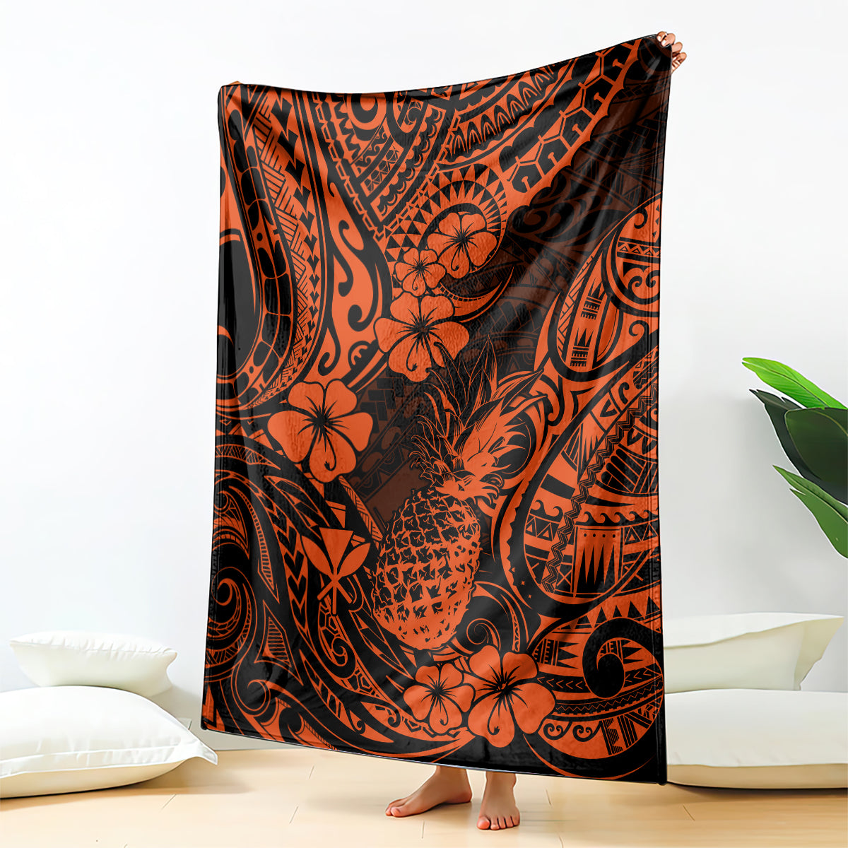 Hawaii Pineapple Blanket Paradise Flowers Pacific With Orange Polynesian Tribal LT01 Orange - Polynesian Pride