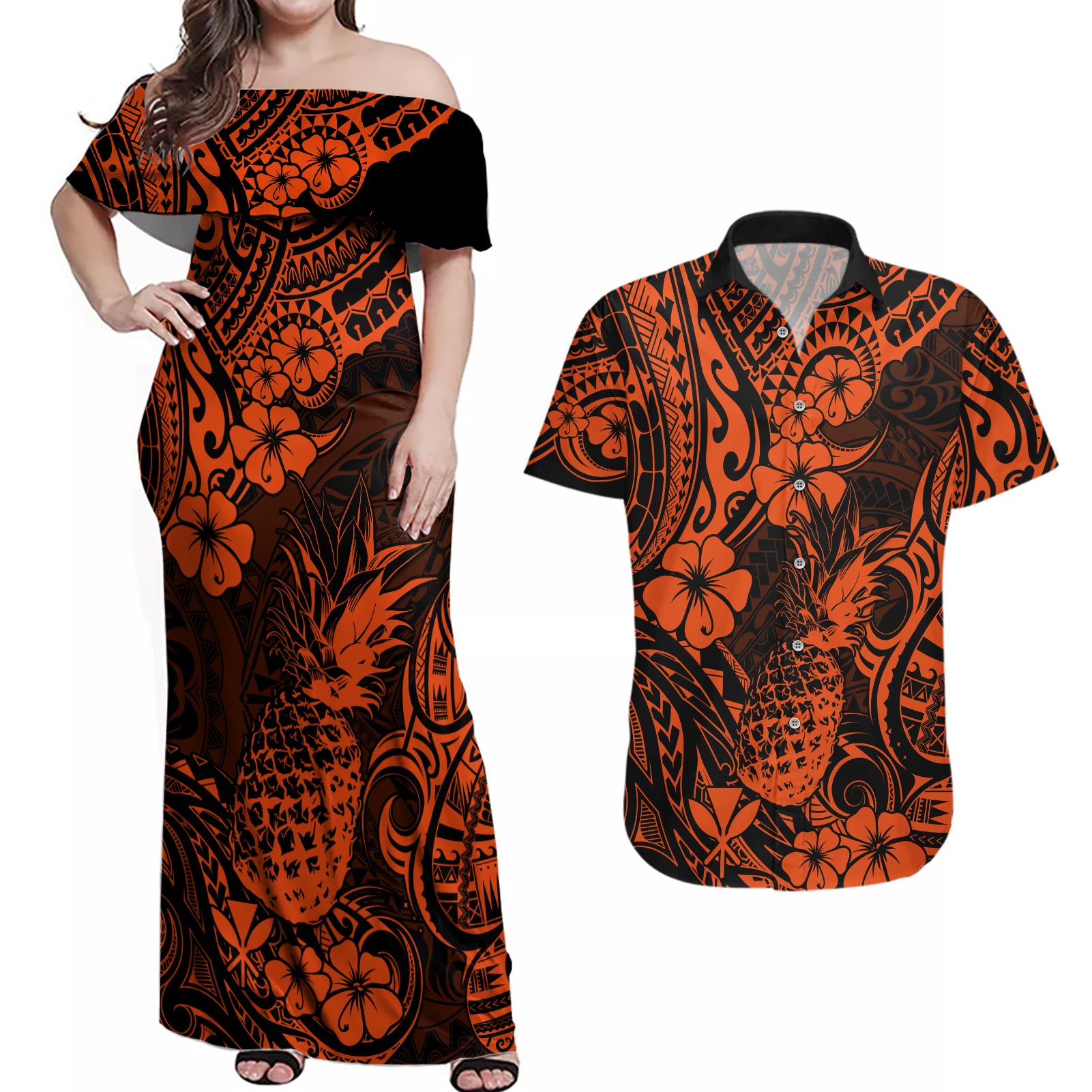 Hawaii Pineapple Couples Matching Off Shoulder Maxi Dress and Hawaiian Shirt Paradise Flowers Pacific With Orange Polynesian Tribal LT01 Orange - Polynesian Pride