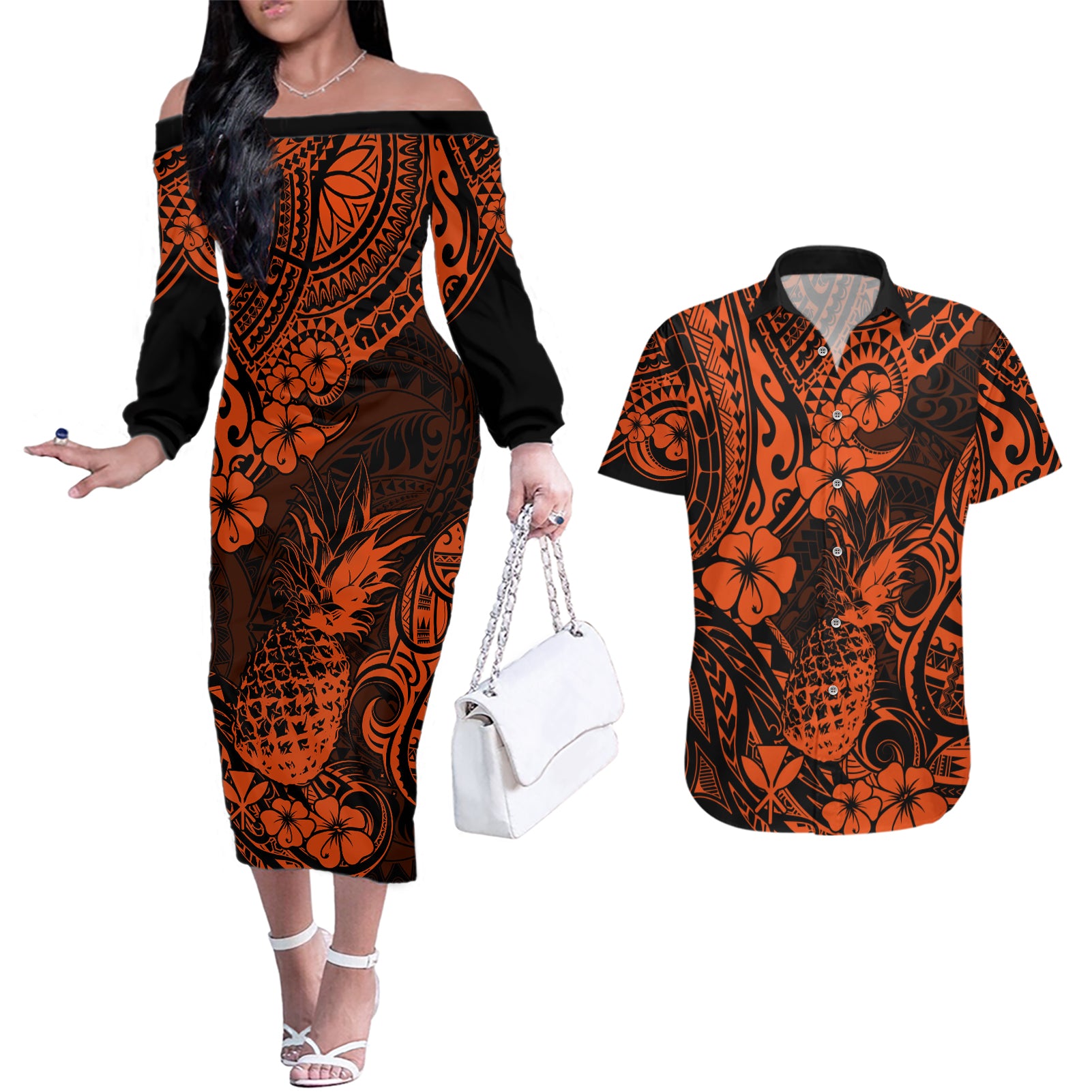 Hawaii Pineapple Couples Matching Off The Shoulder Long Sleeve Dress and Hawaiian Shirt Paradise Flowers Pacific With Orange Polynesian Tribal LT01 Orange - Polynesian Pride