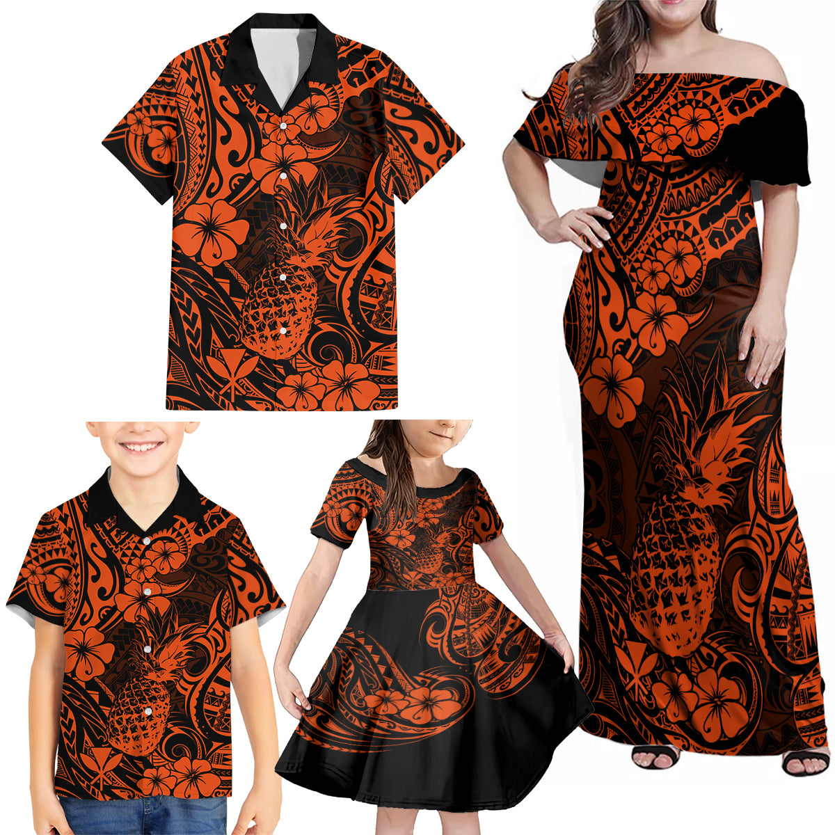 Hawaii Pineapple Family Matching Off Shoulder Maxi Dress and Hawaiian Shirt Paradise Flowers Pacific With Orange Polynesian Tribal LT01 - Polynesian Pride