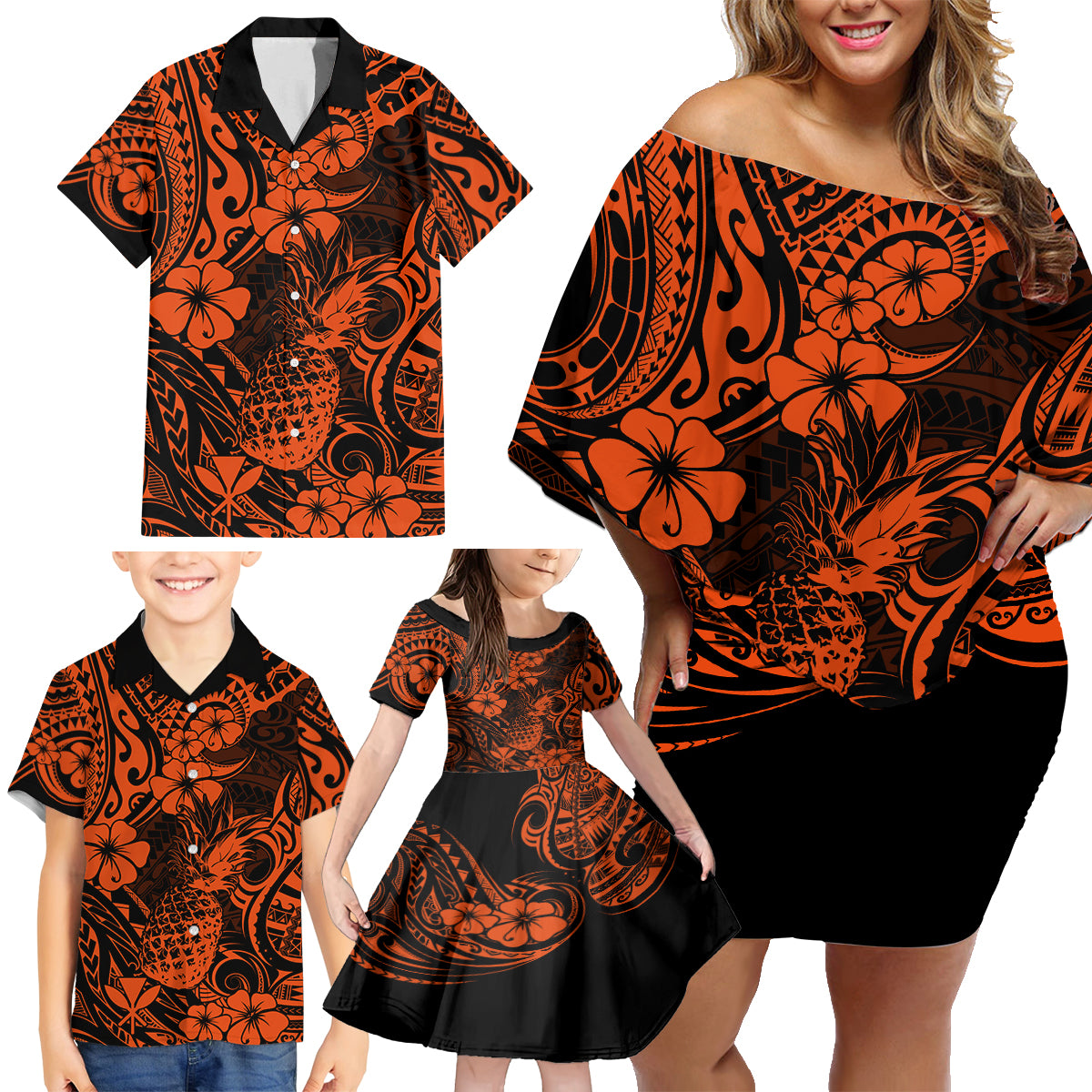 Hawaii Pineapple Family Matching Off Shoulder Short Dress and Hawaiian Shirt Paradise Flowers Pacific With Orange Polynesian Tribal LT01 - Polynesian Pride