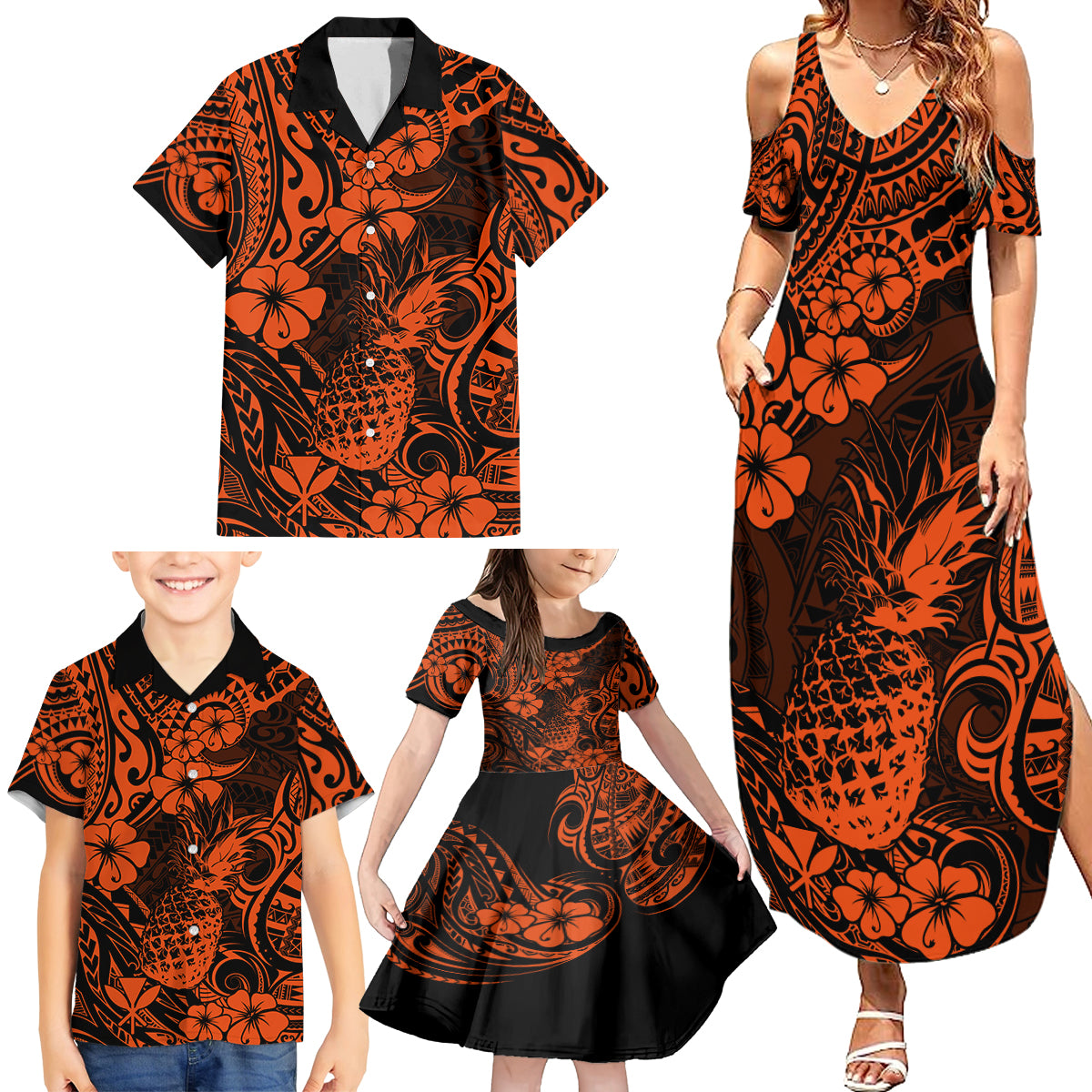 Hawaii Pineapple Family Matching Summer Maxi Dress and Hawaiian Shirt Paradise Flowers Pacific With Orange Polynesian Tribal LT01 - Polynesian Pride