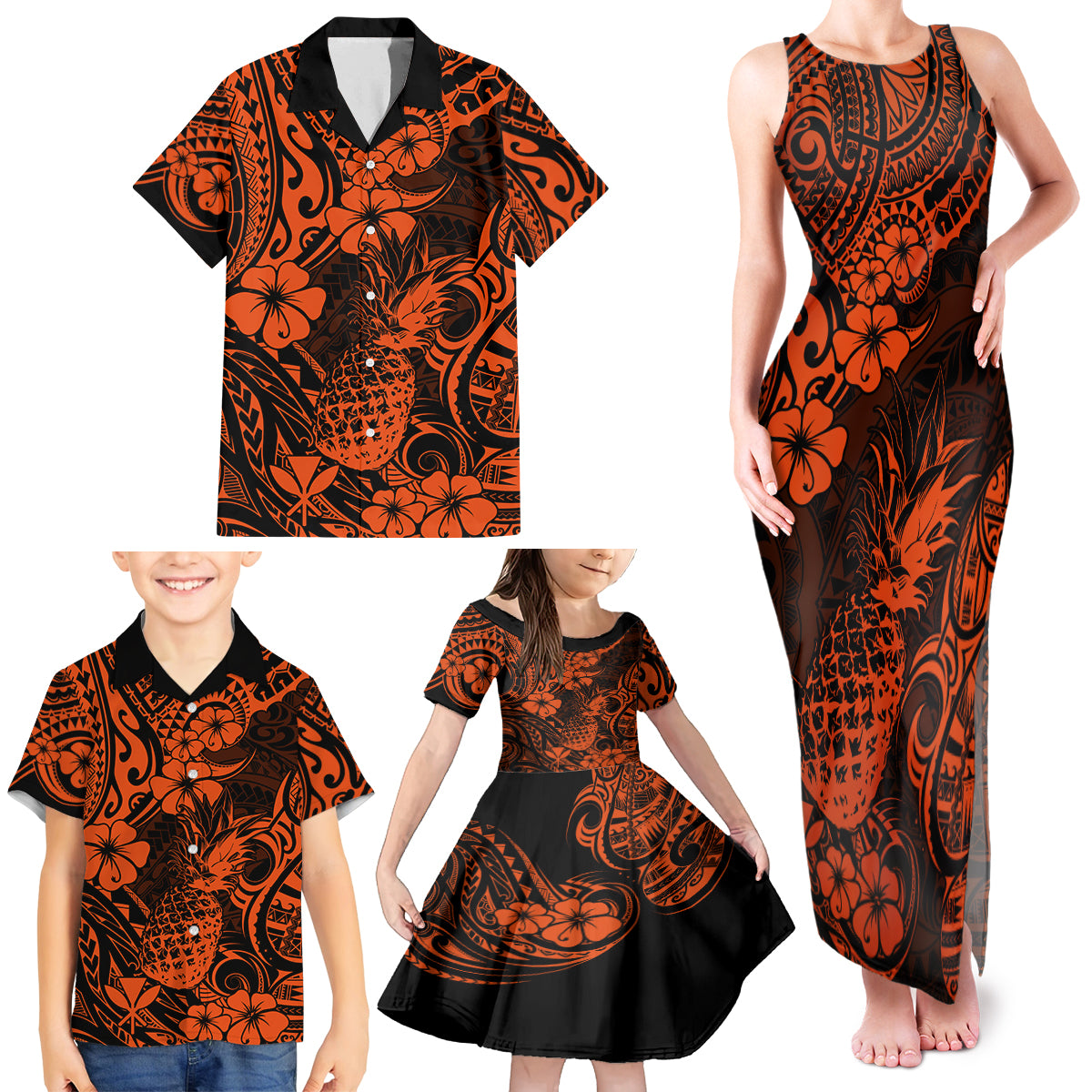 Hawaii Pineapple Family Matching Tank Maxi Dress and Hawaiian Shirt Paradise Flowers Pacific With Orange Polynesian Tribal LT01 - Polynesian Pride