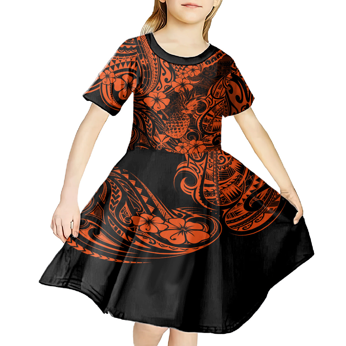 Hawaii Pineapple Kid Short Sleeve Dress Paradise Flowers Pacific With Orange Polynesian Tribal LT01 - Polynesian Pride