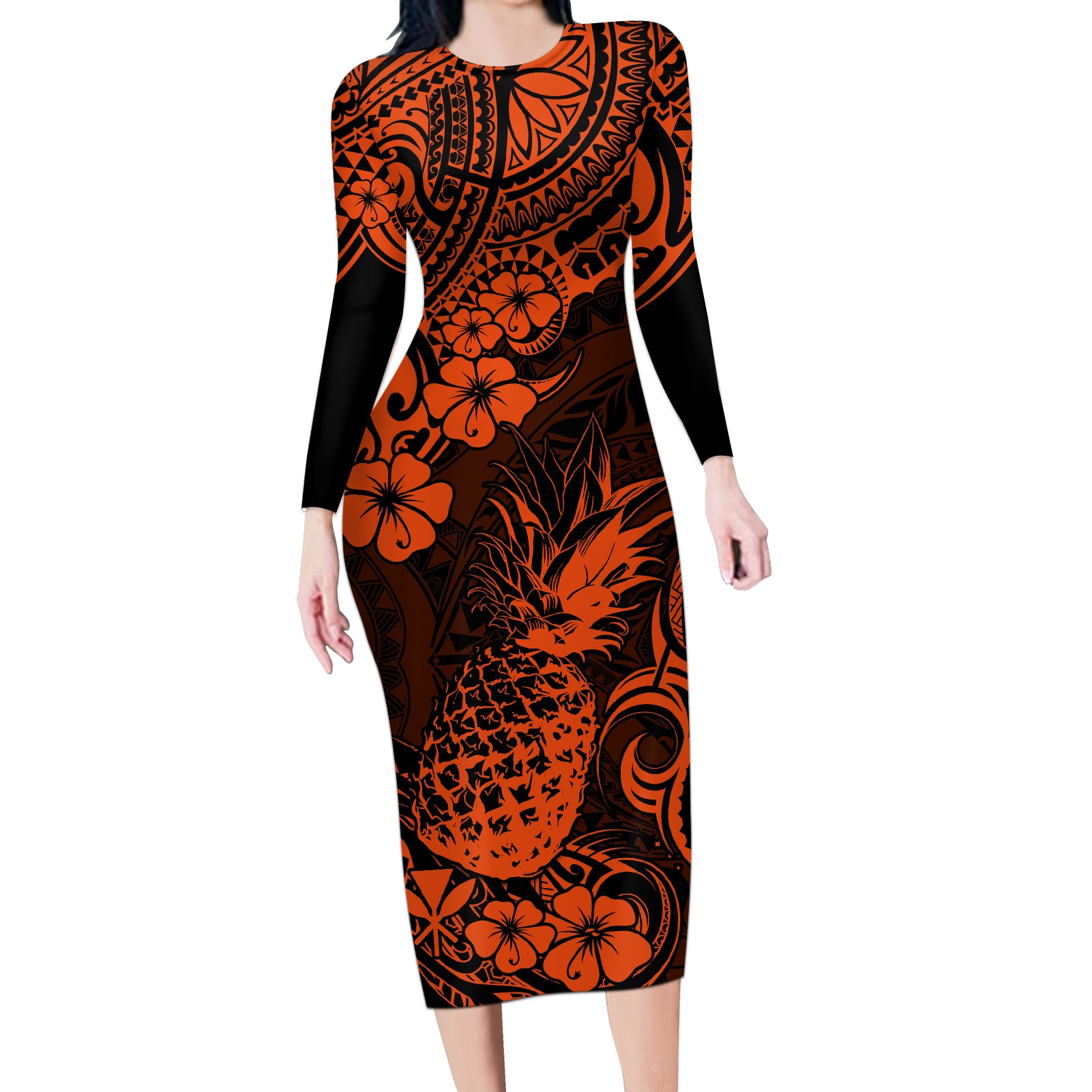 Hawaii Pineapple Long Sleeve Bodycon Dress Paradise Flowers Pacific With Orange Polynesian Tribal LT01 Long Dress Orange - Polynesian Pride