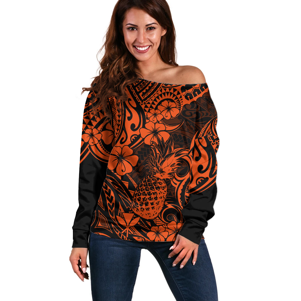 Hawaii Pineapple Off Shoulder Sweater Paradise Flowers Pacific With Orange Polynesian Tribal LT01 Women Orange - Polynesian Pride