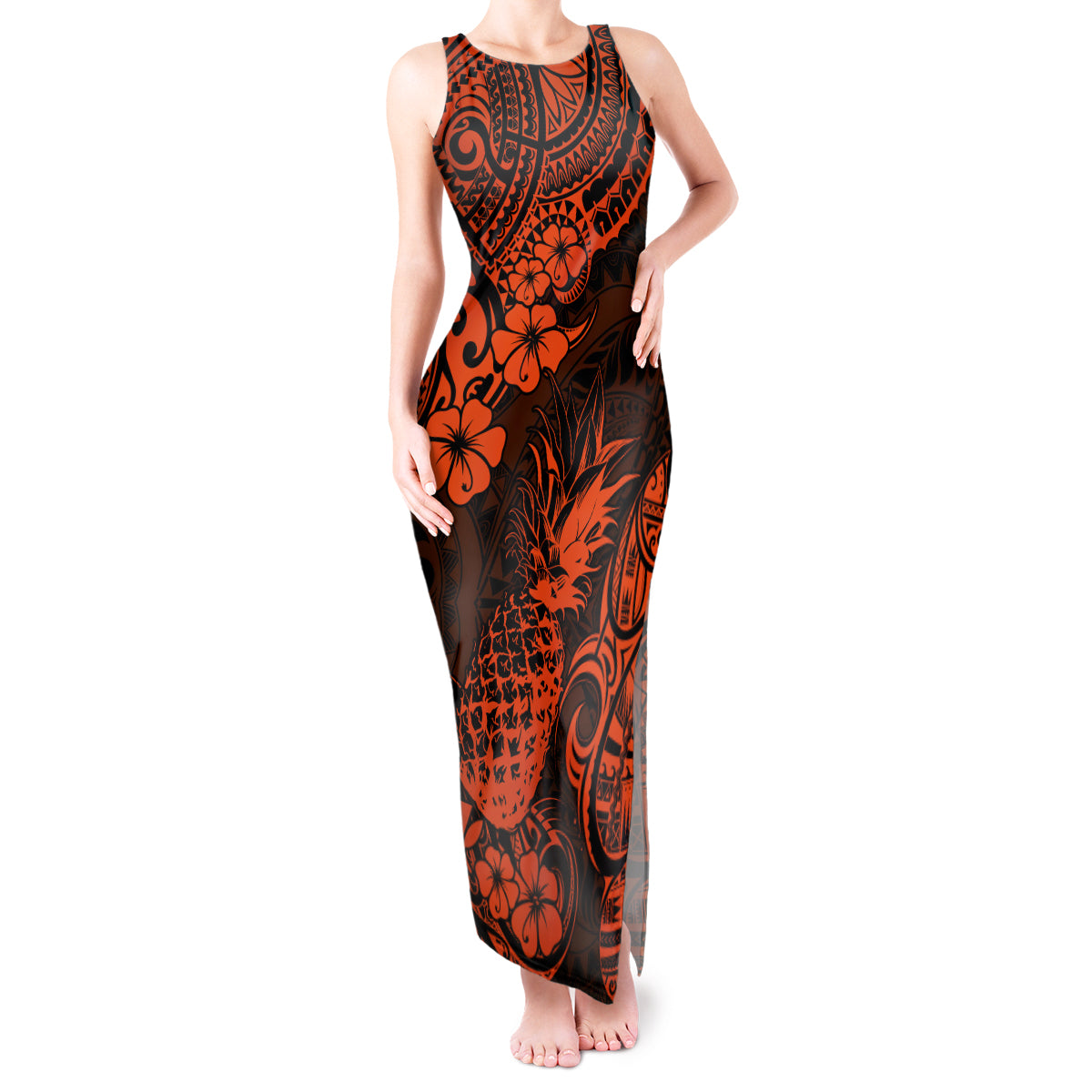 Hawaii Pineapple Tank Maxi Dress Paradise Flowers Pacific With Orange Polynesian Tribal LT01 Women Orange - Polynesian Pride