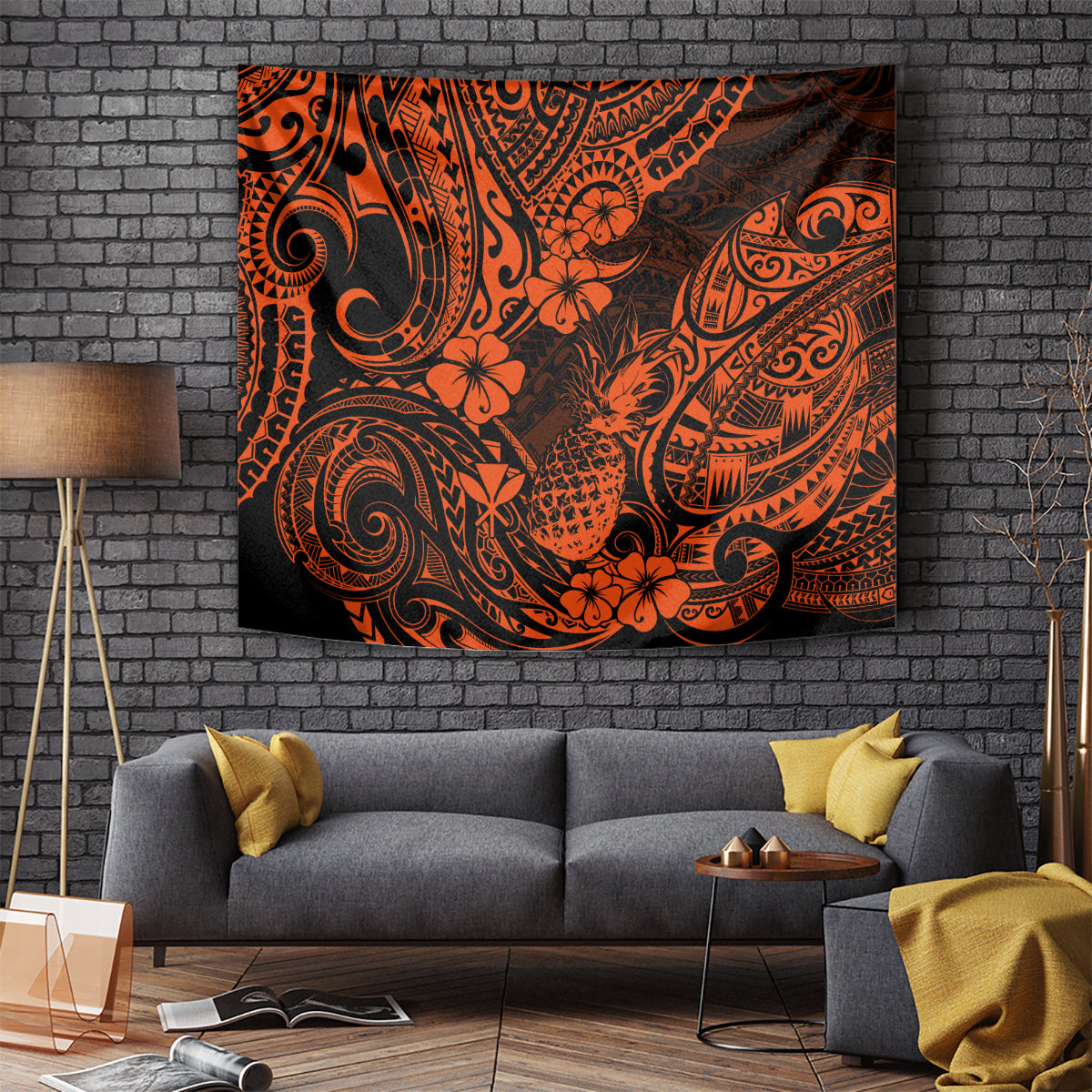 Hawaii Pineapple Tapestry Paradise Flowers Pacific With Orange Polynesian Tribal LT01 Orange - Polynesian Pride