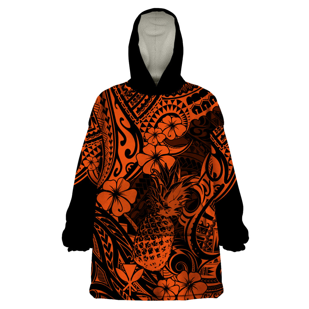 Hawaii Pineapple Wearable Blanket Hoodie Paradise Flowers Pacific With Orange Polynesian Tribal LT01 One Size Orange - Polynesian Pride