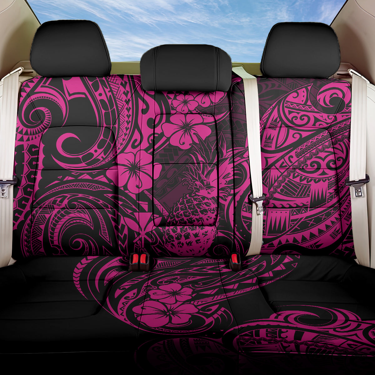 Hawaii Pineapple Back Car Seat Cover Paradise Flowers Pacific With Pink Polynesian Tribal