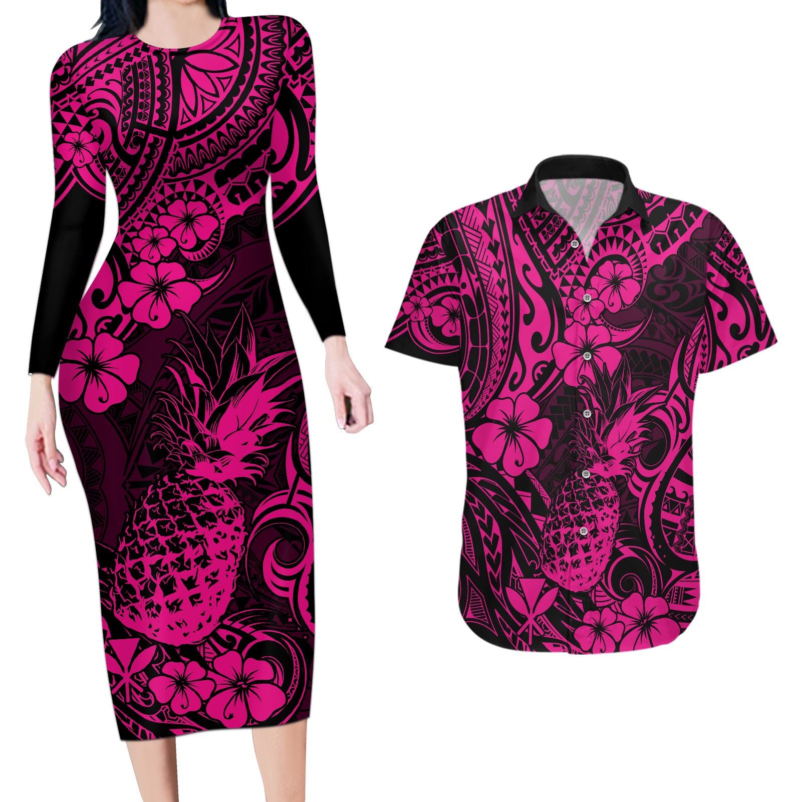 Hawaii Pineapple Couples Matching Long Sleeve Bodycon Dress and Hawaiian Shirt Paradise Flowers Pacific With Pink Polynesian Tribal LT01 Pink - Polynesian Pride