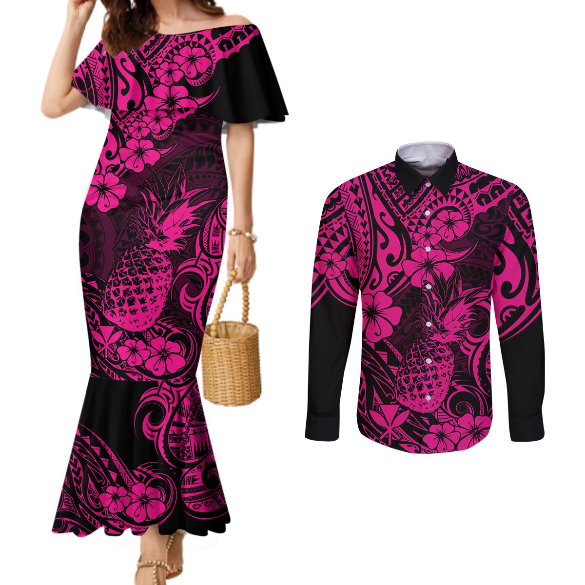 Hawaii Pineapple Couples Matching Mermaid Dress and Long Sleeve Button Shirts Paradise Flowers Pacific With Pink Polynesian Tribal LT01 Pink - Polynesian Pride