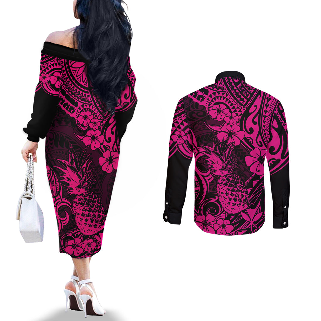 Hawaii Pineapple Couples Matching Off The Shoulder Long Sleeve Dress and Long Sleeve Button Shirts Paradise Flowers Pacific With Pink Polynesian Tribal LT01 - Polynesian Pride