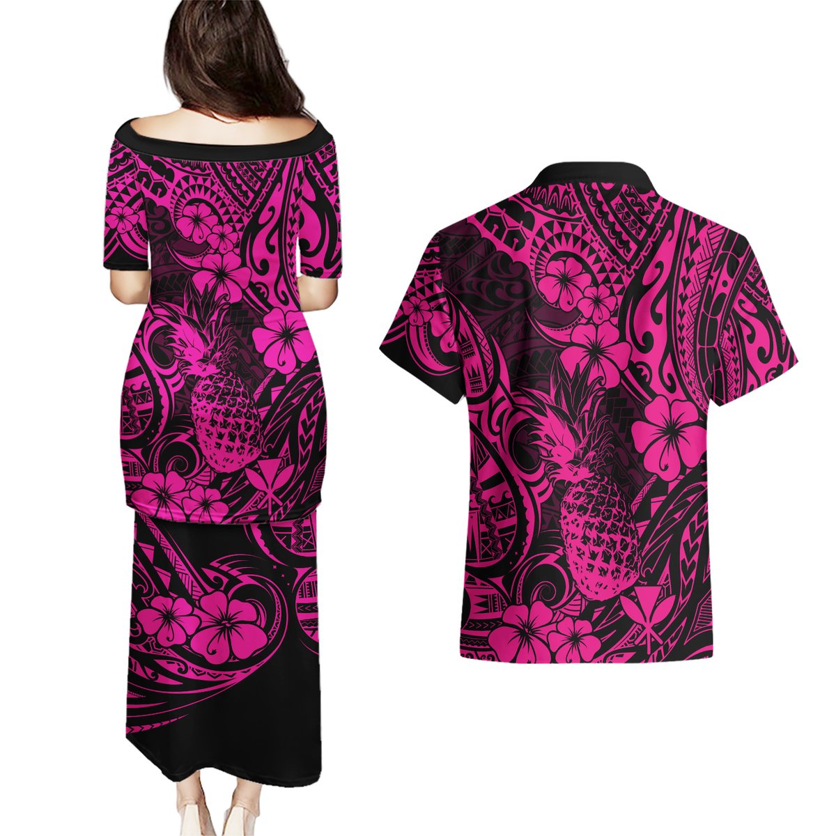Hawaii Pineapple Couples Matching Puletasi Dress and Hawaiian Shirt Paradise Flowers Pacific With Pink Polynesian Tribal LT01 - Polynesian Pride