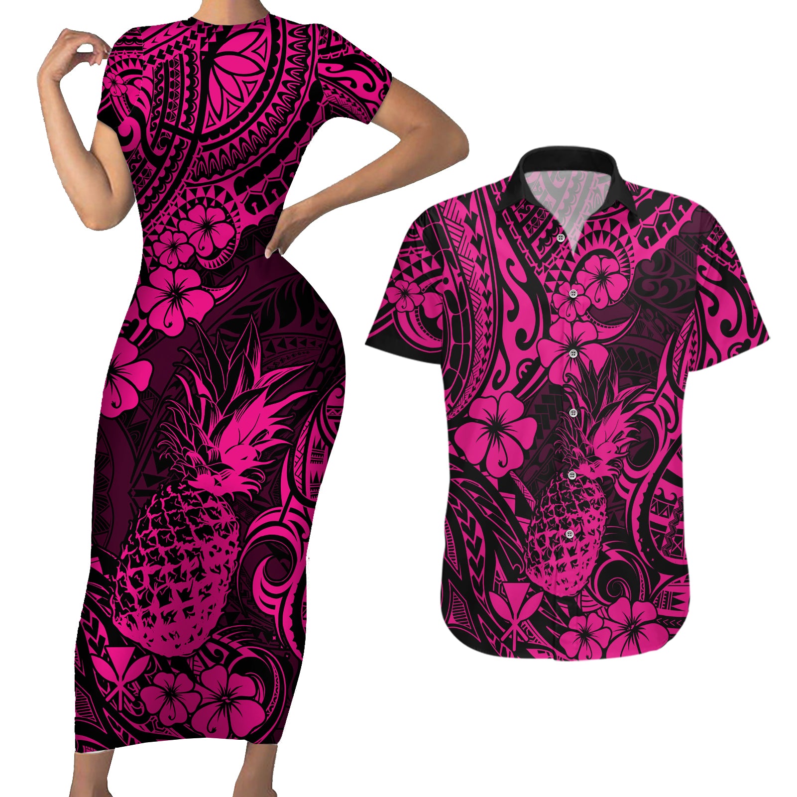 Hawaii Pineapple Couples Matching Short Sleeve Bodycon Dress and Hawaiian Shirt Paradise Flowers Pacific With Pink Polynesian Tribal LT01 Pink - Polynesian Pride