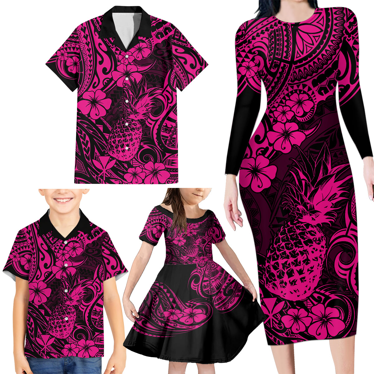 Hawaii Pineapple Family Matching Long Sleeve Bodycon Dress and Hawaiian Shirt Paradise Flowers Pacific With Pink Polynesian Tribal LT01 - Polynesian Pride