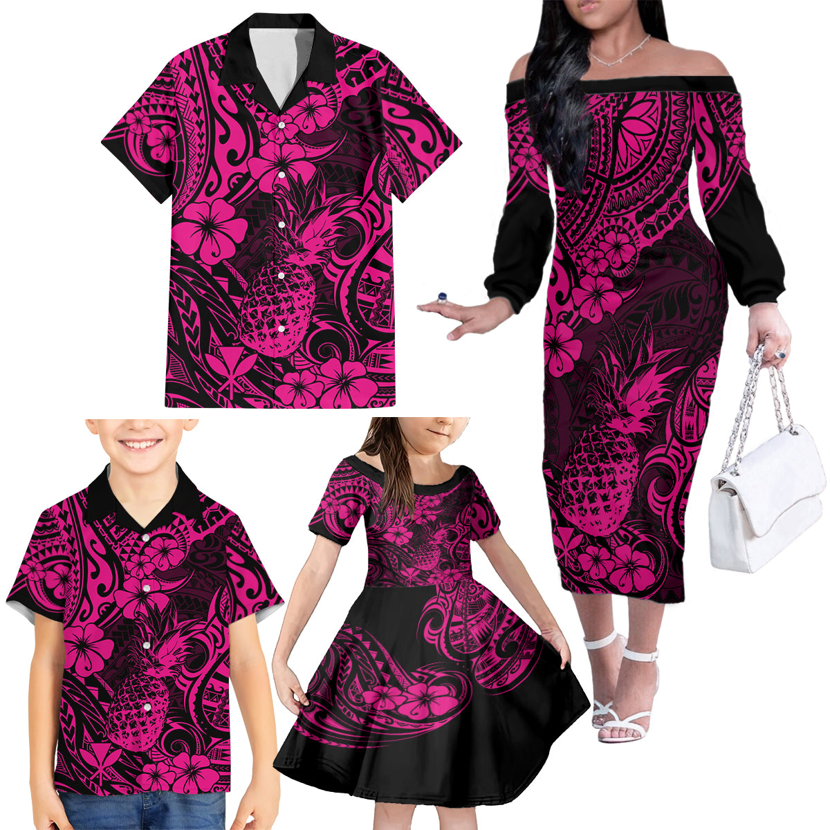 Hawaii Pineapple Family Matching Off Shoulder Long Sleeve Dress and Hawaiian Shirt Paradise Flowers Pacific With Pink Polynesian Tribal LT01 - Polynesian Pride