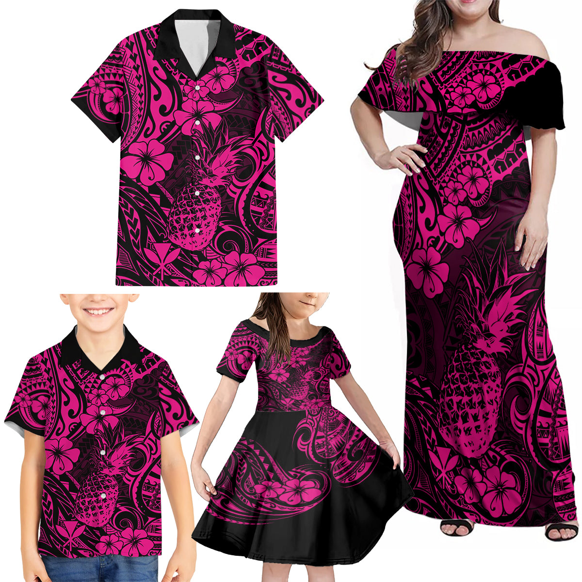 Hawaii Pineapple Family Matching Off Shoulder Maxi Dress and Hawaiian Shirt Paradise Flowers Pacific With Pink Polynesian Tribal LT01 - Polynesian Pride