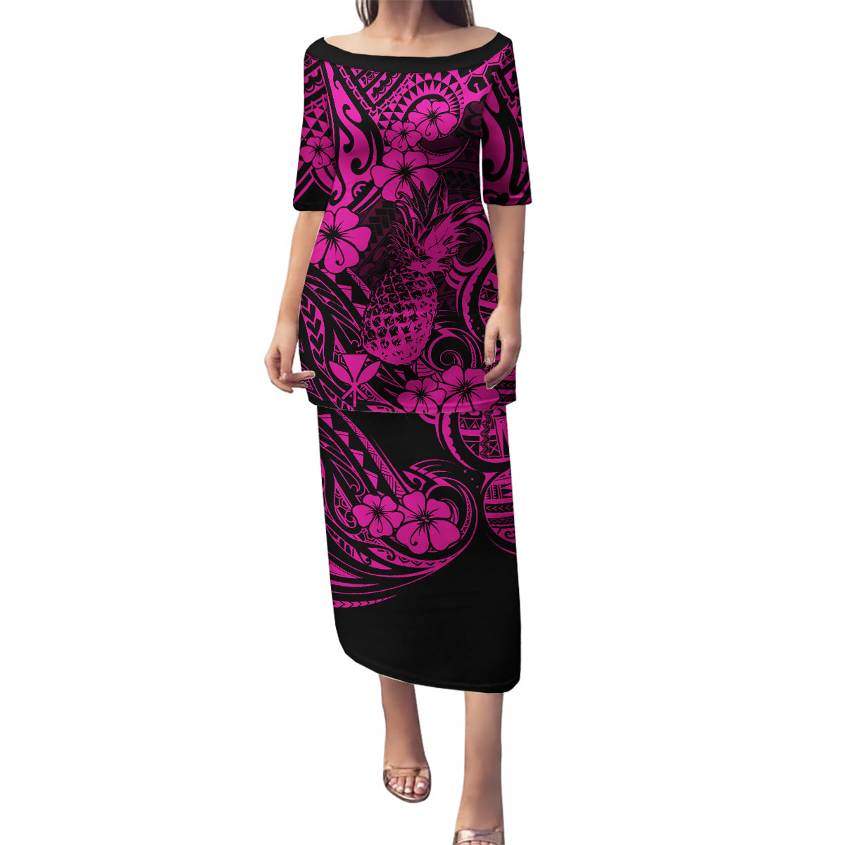 Hawaii Pineapple Family Matching Puletasi Dress and Hawaiian Shirt Paradise Flowers Pacific With Pink Polynesian Tribal LT01 Mom's Dress Pink - Polynesian Pride
