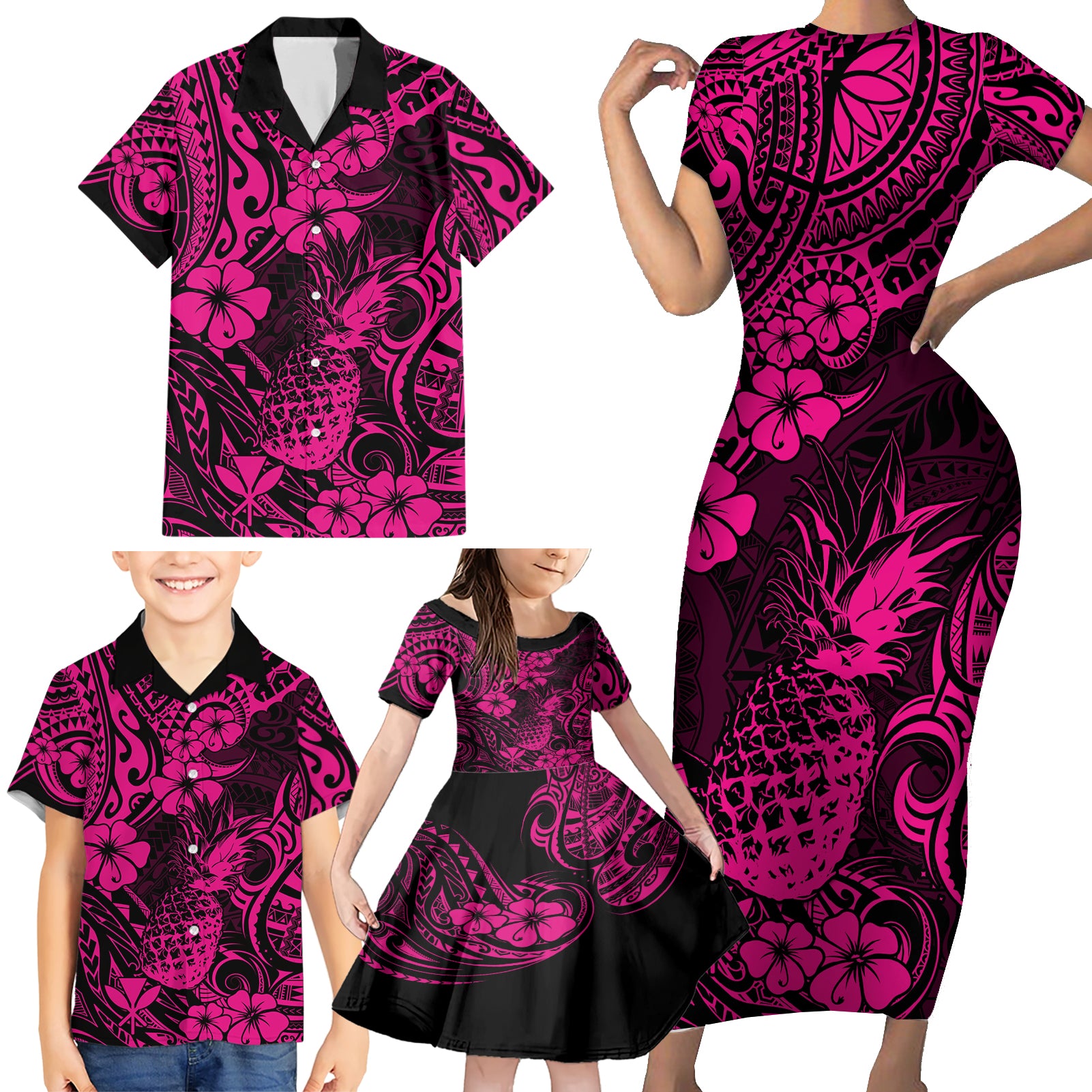 Hawaii Pineapple Family Matching Short Sleeve Bodycon Dress and Hawaiian Shirt Paradise Flowers Pacific With Pink Polynesian Tribal LT01 - Polynesian Pride