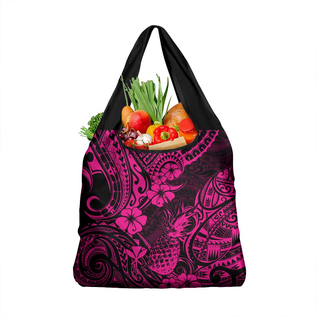 Hawaii Pineapple Grocery Bag Paradise Flowers Pacific With Pink Polynesian Tribal LT01 1-pack One Size Pink - Polynesian Pride