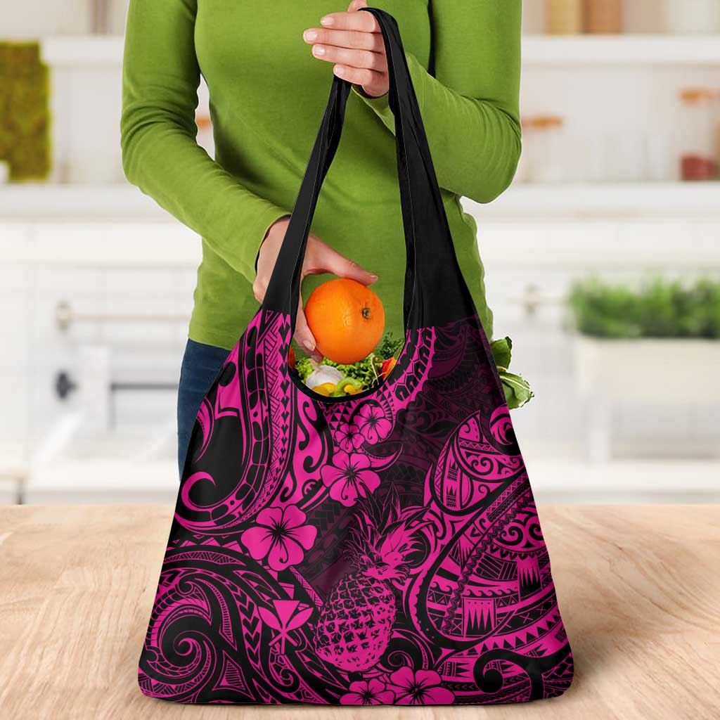 Hawaii Pineapple Grocery Bag Paradise Flowers Pacific With Pink Polynesian Tribal LT01 - Polynesian Pride