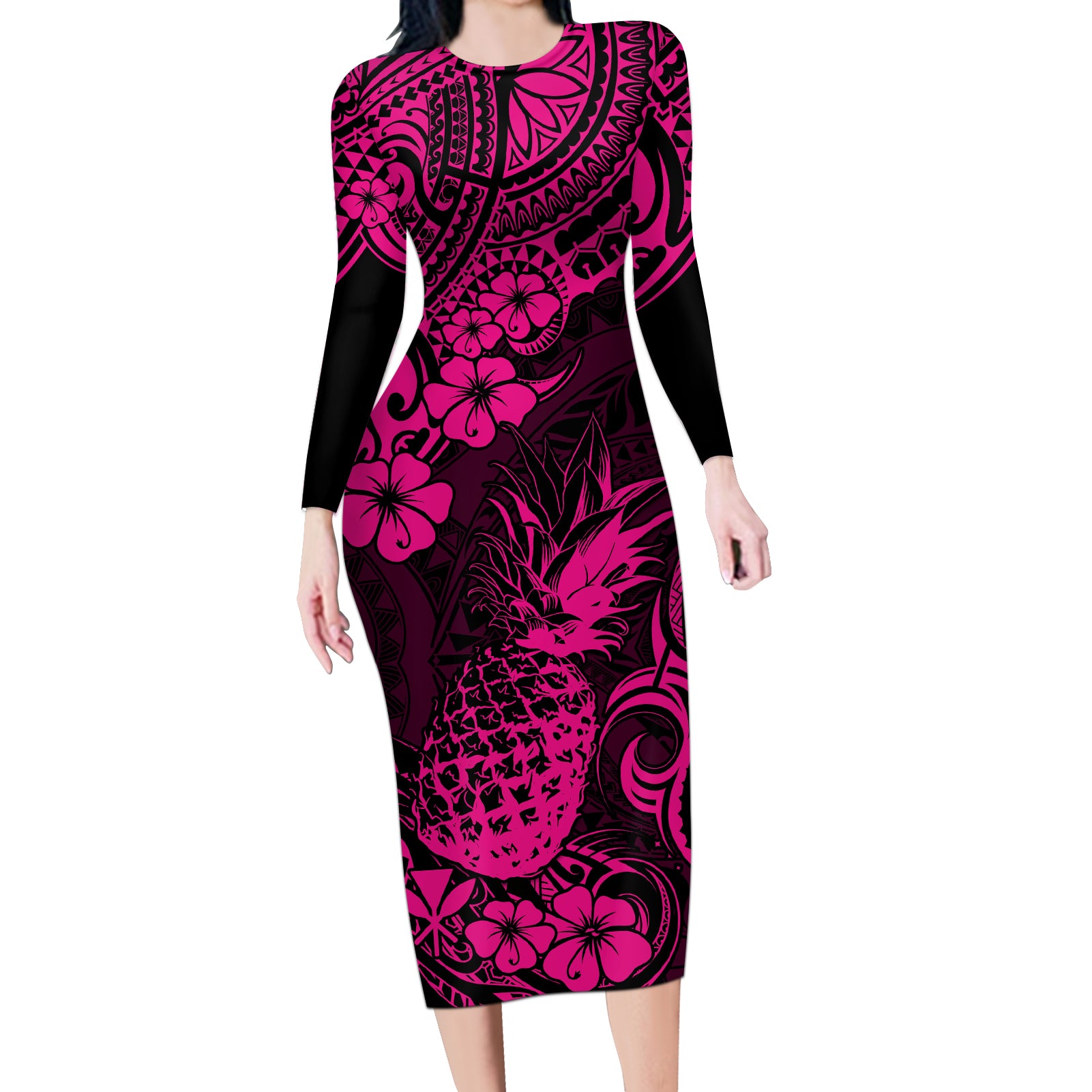 Hawaii Pineapple Long Sleeve Bodycon Dress Paradise Flowers Pacific With Pink Polynesian Tribal LT01 Long Dress Pink - Polynesian Pride