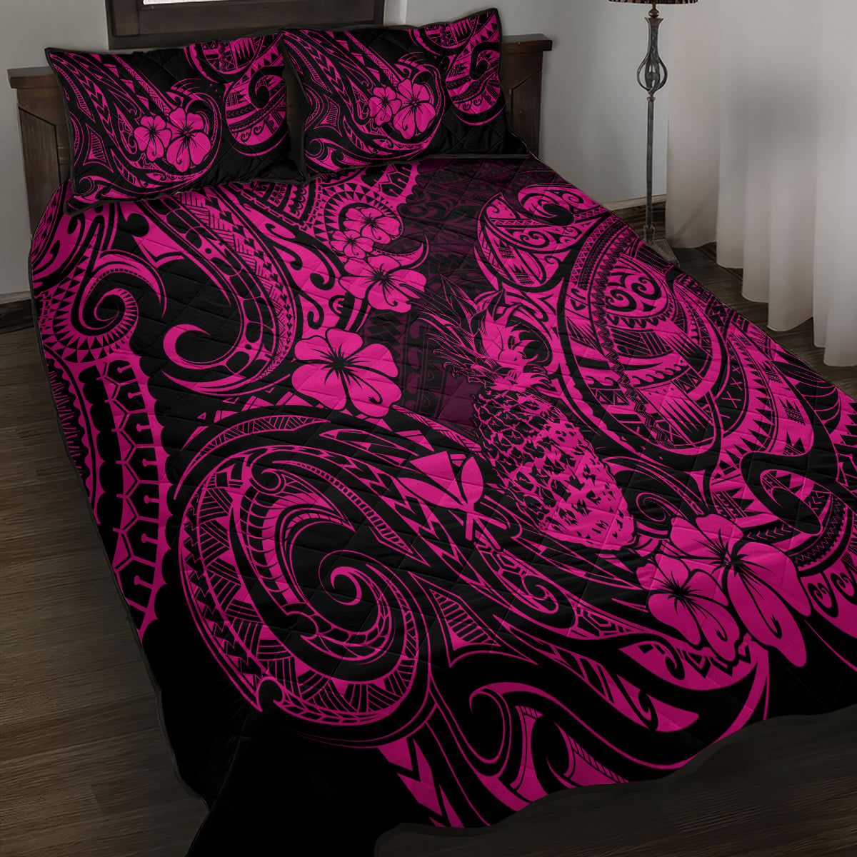 Hawaii Pineapple Quilt Bed Set Paradise Flowers Pacific With Pink Polynesian Tribal LT01 - Polynesian Pride