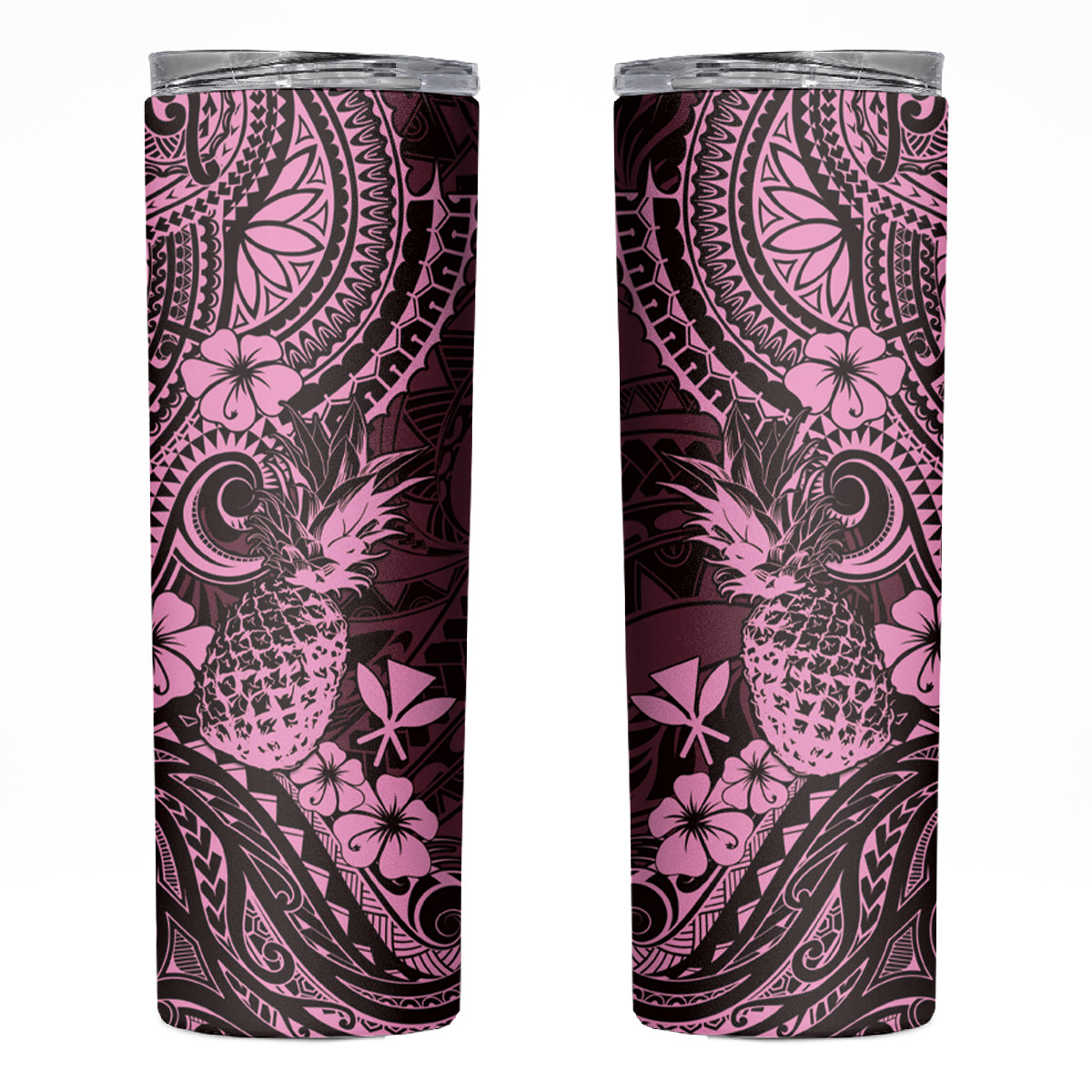 Hawaii Pineapple Skinny Tumbler Paradise Flowers Pacific With Pink Polynesian Tribal