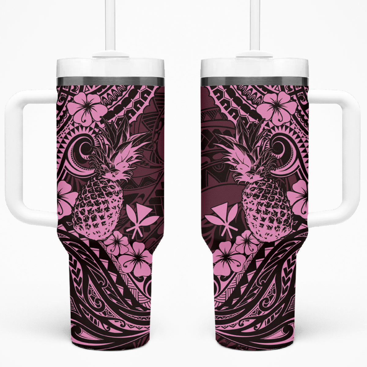 Hawaii Pineapple Tumbler With Handle Paradise Flowers Pacific With Pink Polynesian Tribal