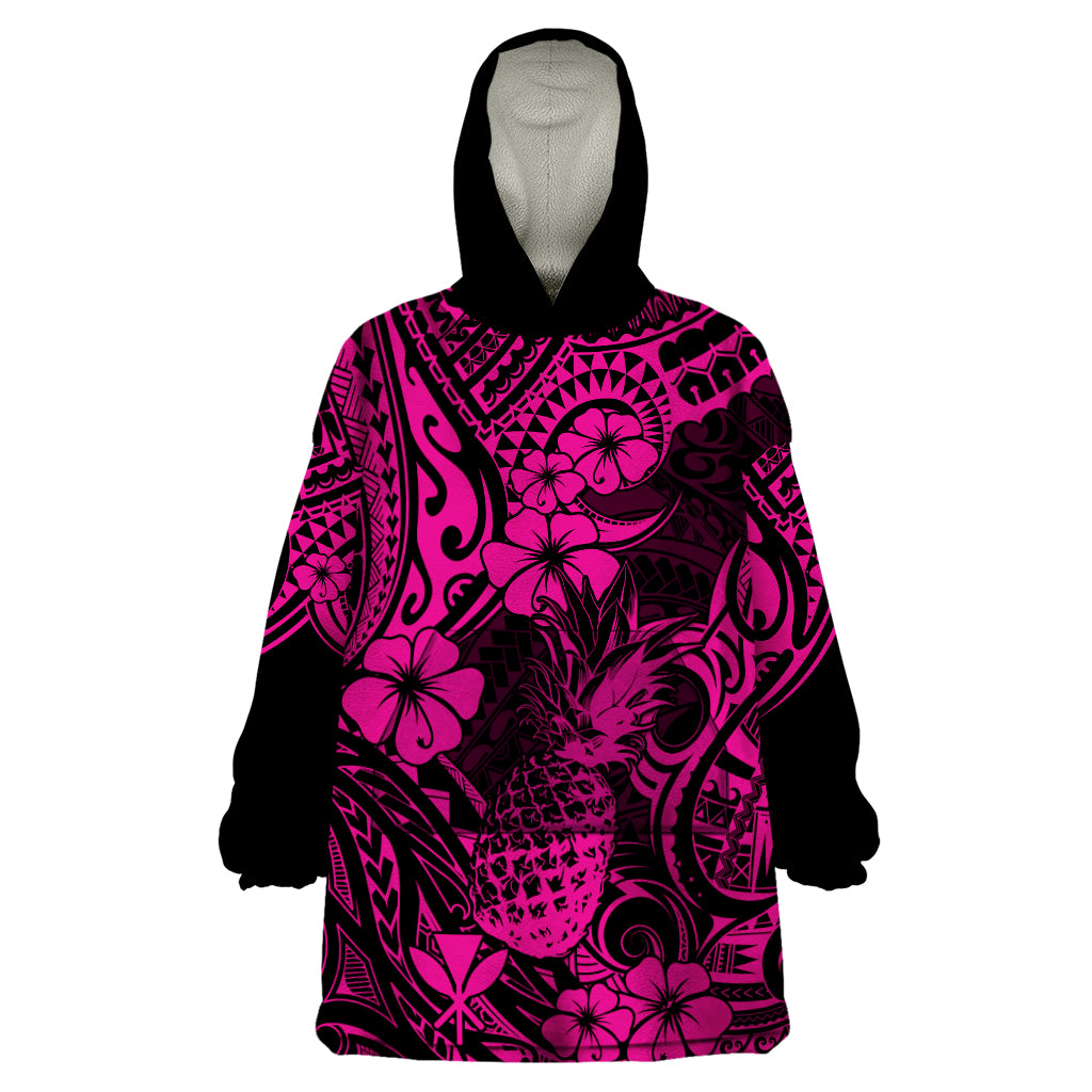 Hawaii Pineapple Wearable Blanket Hoodie Paradise Flowers Pacific With Pink Polynesian Tribal LT01 One Size Pink - Polynesian Pride